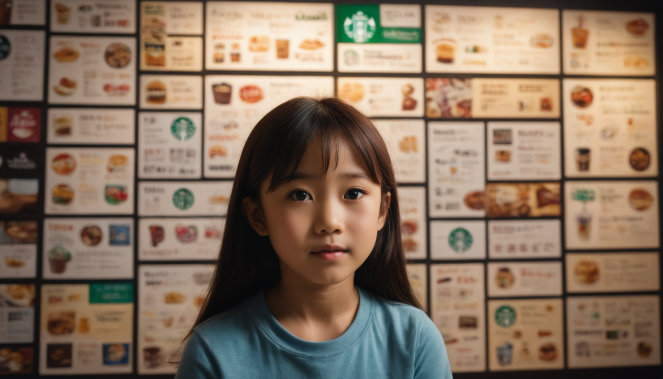 Young Asian girl in a teal shirt standing in front of a well-lit Starbucks menu board, showcasing their innovative restaurant loyalty scheme.