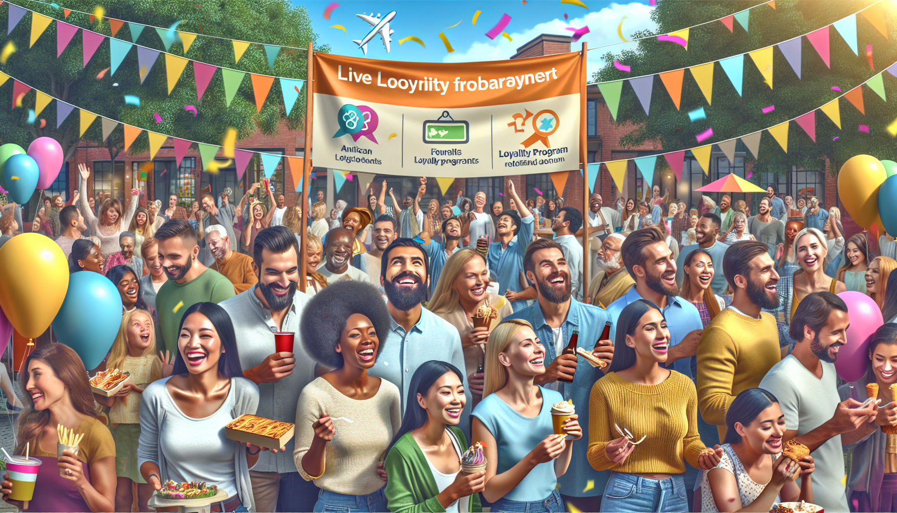 A diverse crowd of people enjoying an outdoor celebration with food, drinks, and balloons. A banner overhead reads "Live Looyilty frobraraynert" with icons of loyalty programs and points.