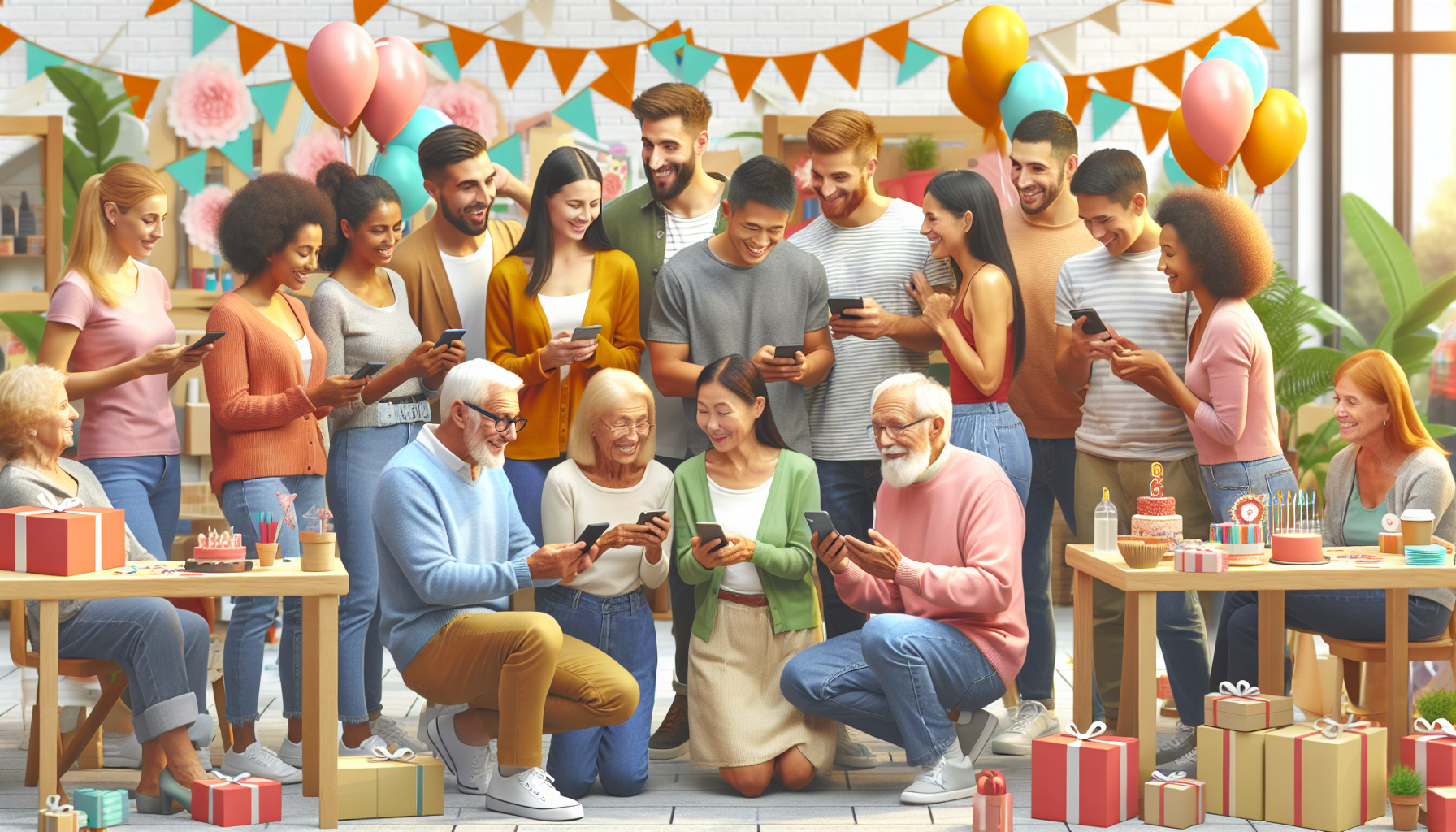 A diverse group of people of various ages gathers at a colorful celebration, their smiles bright as they engage with a digital loyalty app on their phones. Surrounded by balloons, presents, and cakes, these savvy attendees enjoy the event's unique engagement strategies.