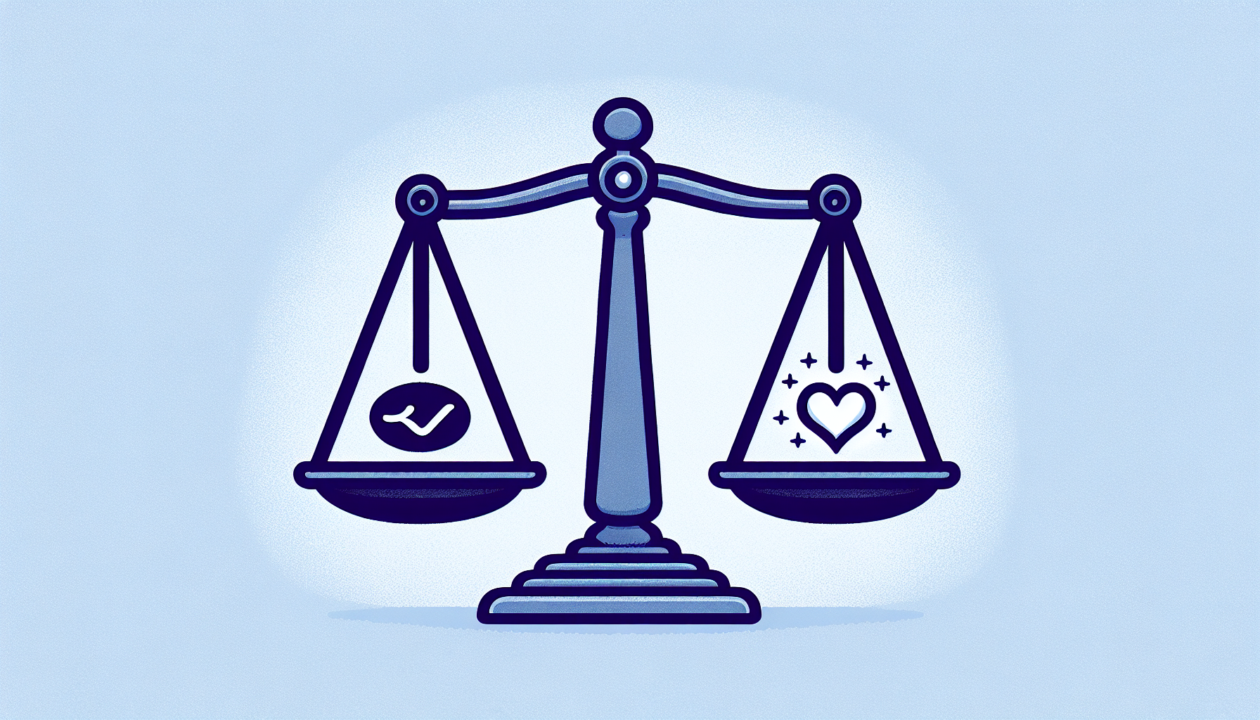 Illustration of a balance scale with a checkbox symbol on the left side and a heart symbol with sparkles on the right, against a blue background. Perfect for visualizing how to measure customer loyalty or for engagement tracking strategies.