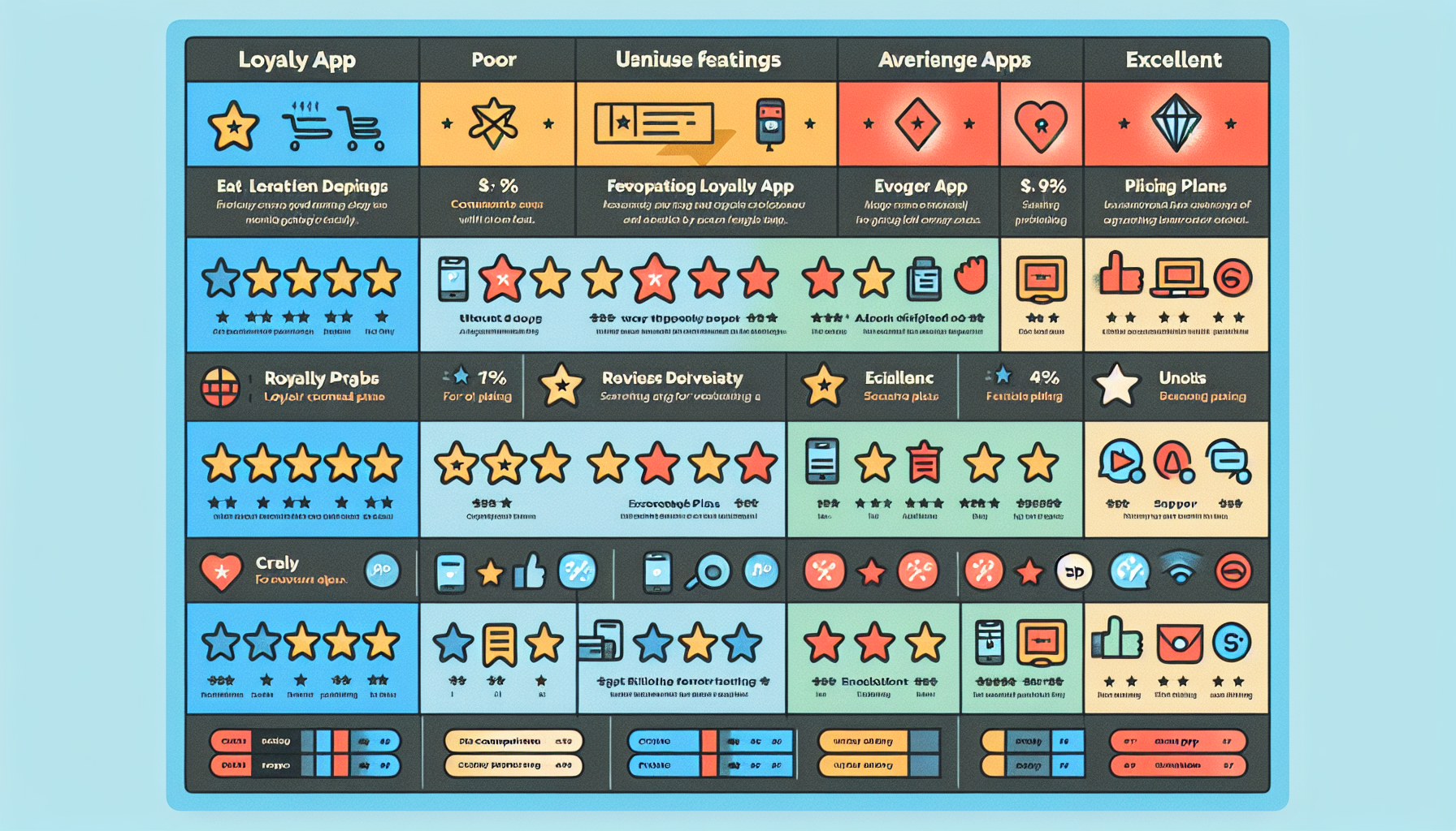 A colorful chart displaying ratings of various apps across five categories: Loyalty App, Poor, Unique Features, Average Apps, and Excellent. Each app is rated with stars and symbols for features, highlighting options like a digital rewards program or a virtual loyalty card app.