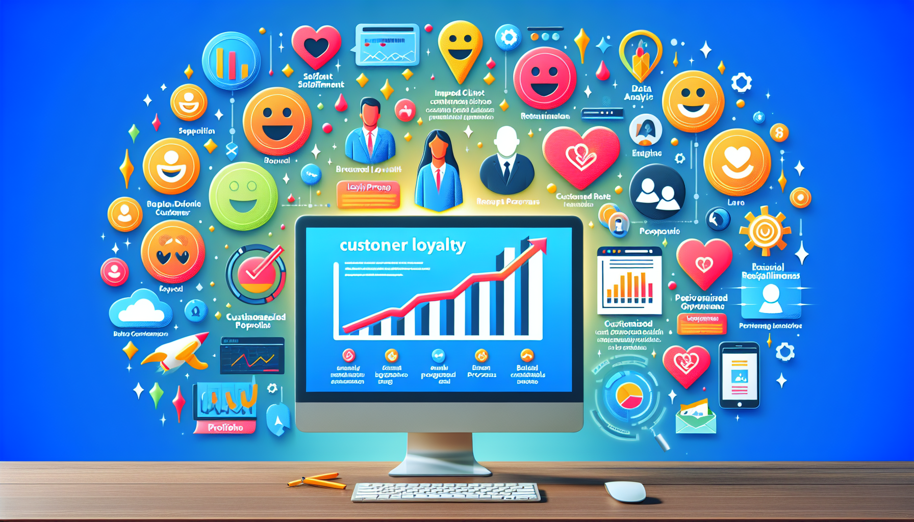 A computer screen displaying a customer loyalty graph is surrounded by icons related to business metrics and customer satisfaction, set against a blue background with a wooden desk in the foreground, showcasing powerful Customer Loyalty Software.