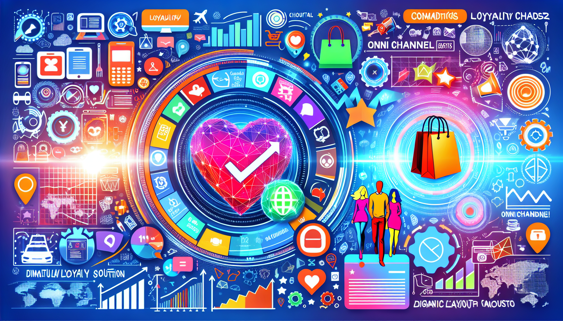 Colorful infographic with various icons and charts illustrating digital marketing, loyalty programs, and e-commerce themes, featuring a heart with a checkmark in the center—a perfect visual for promoting your Customer Loyalty Card Software.