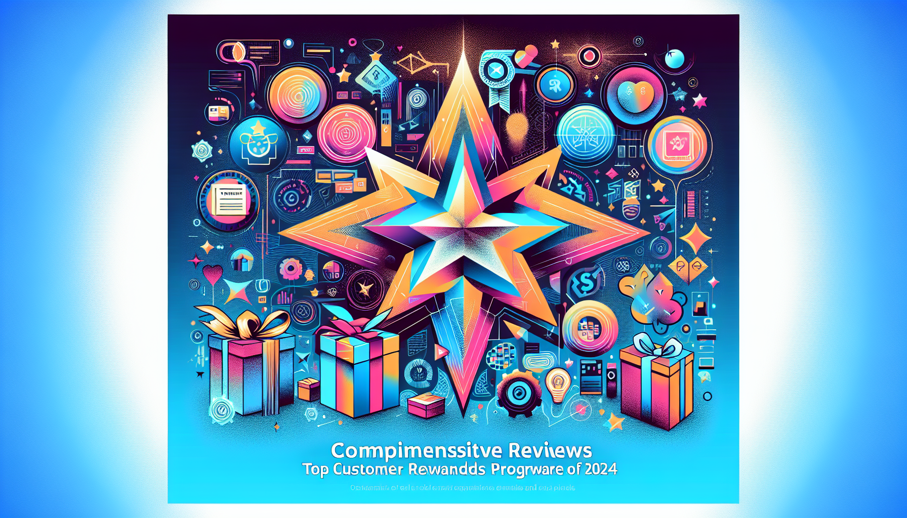 Bright, geometric star surrounded by various icons and gift boxes on a blue background. Text reads: "Compimensitive Reviews - Top Customer Rewards Program of 2024, spotlighting premier customer loyalty solutions.