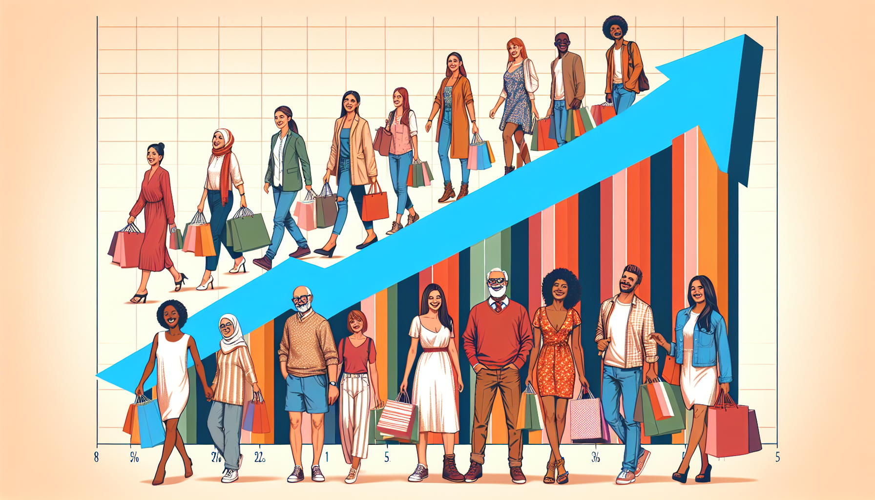 A group of diverse people holding shopping bags walks up a rising arrow graph, symbolizing an increase in retail activity driven by meeting customer expectations.