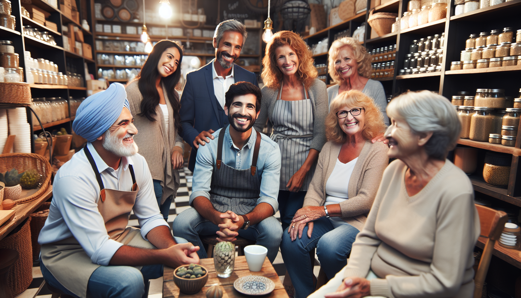 A diverse group of people, including men and women of various ages, smile together in a cozy, well-lit store filled with shelves of jars and baskets. Some wear aprons, suggesting they may be staff eager to discuss the customer loyalty program and the valuable membership benefits it offers.