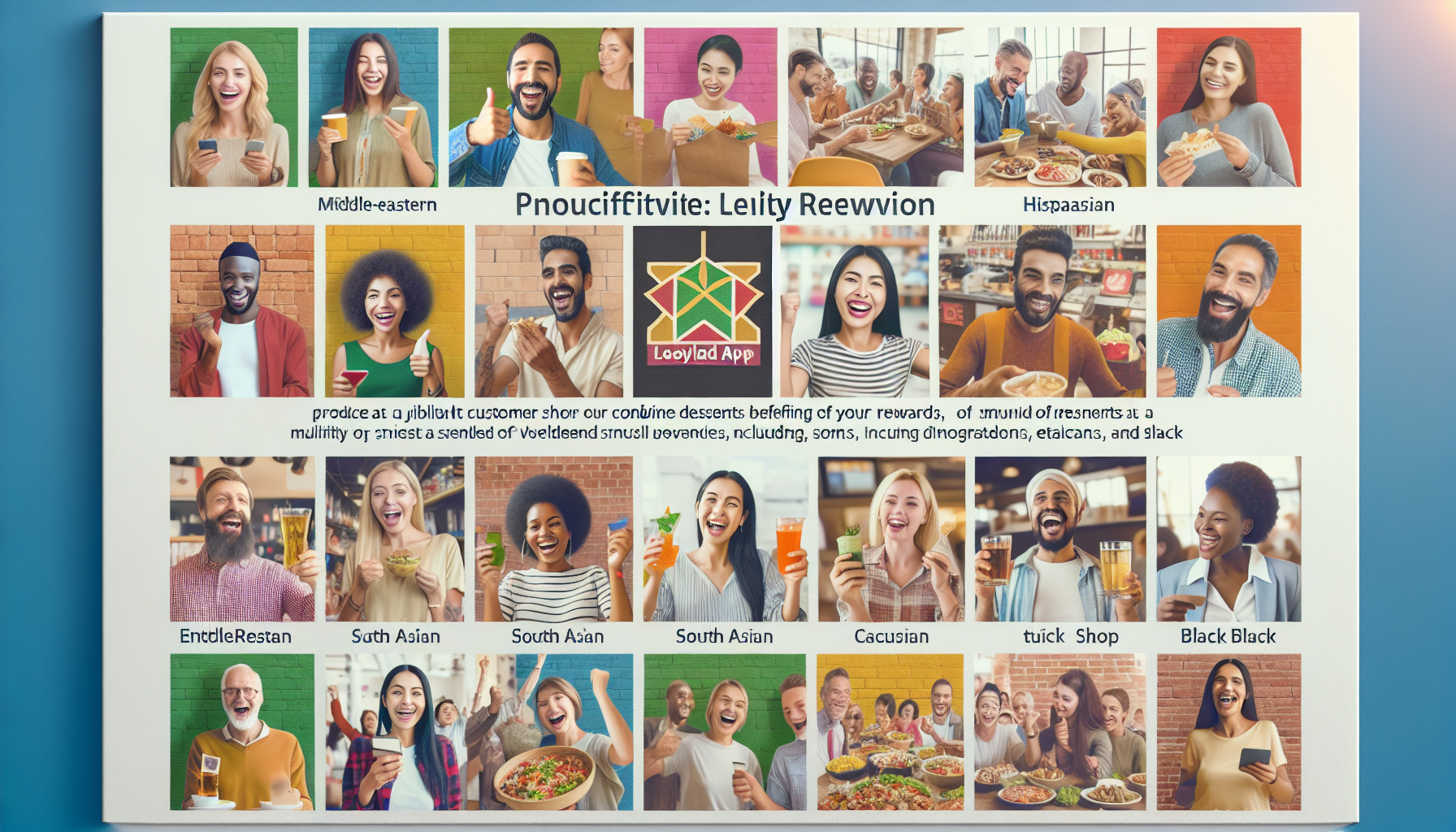 A diverse group of people enjoying various foods, representing different cultural cuisines. Text promotes a digital loyalty program with mixed fonts and several photos of smiling individuals eating and drinking.