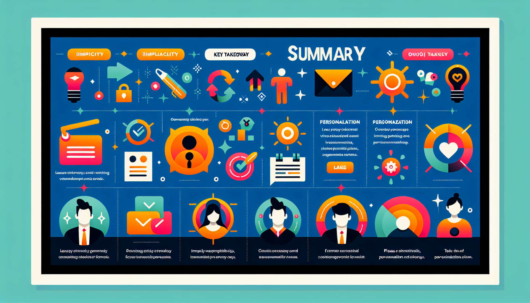 Infographic summarizing key takeaways, Starbucks member rewards, and community-building with various colorful icons, graphs, and illustrations on a dark blue background.