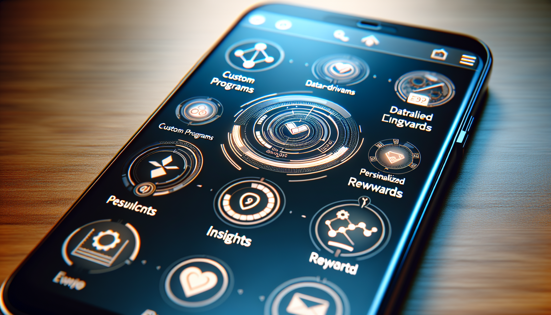 A smartphone screen displays various futuristic app icons and circular digital interfaces, organized in a tidy layout. The screen is slightly tilted, showcasing intricate details and sleek design, highlighting features like reward systems for customer retention.