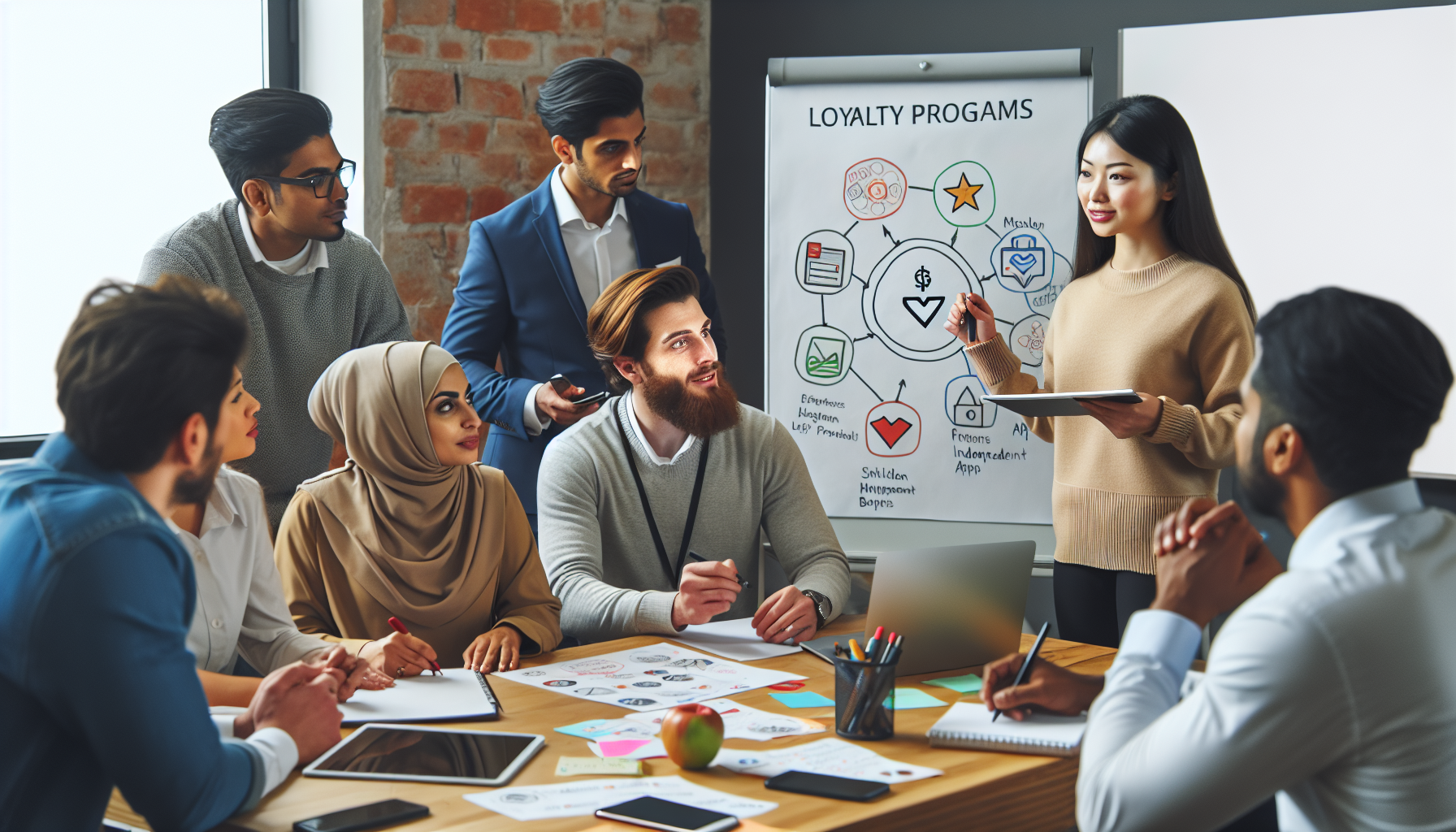 A group of six people in a meeting room discussing customer engagement tactics. One person is presenting with a flip chart, while others are seated around a table with papers and a laptop.