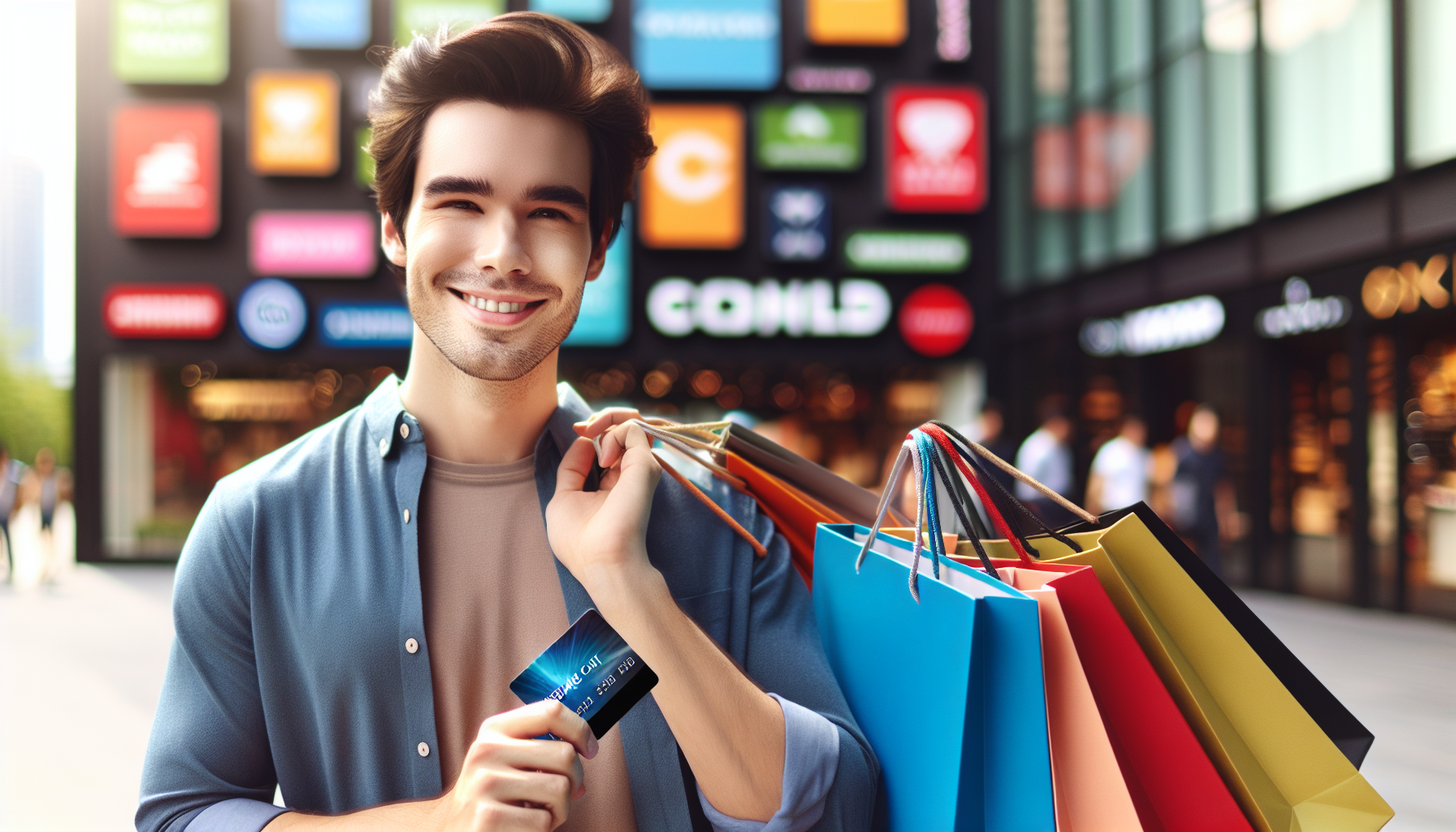 A smiling person holds multiple shopping bags and a rewards card for stores, standing outside a store with colorful signs in the background.