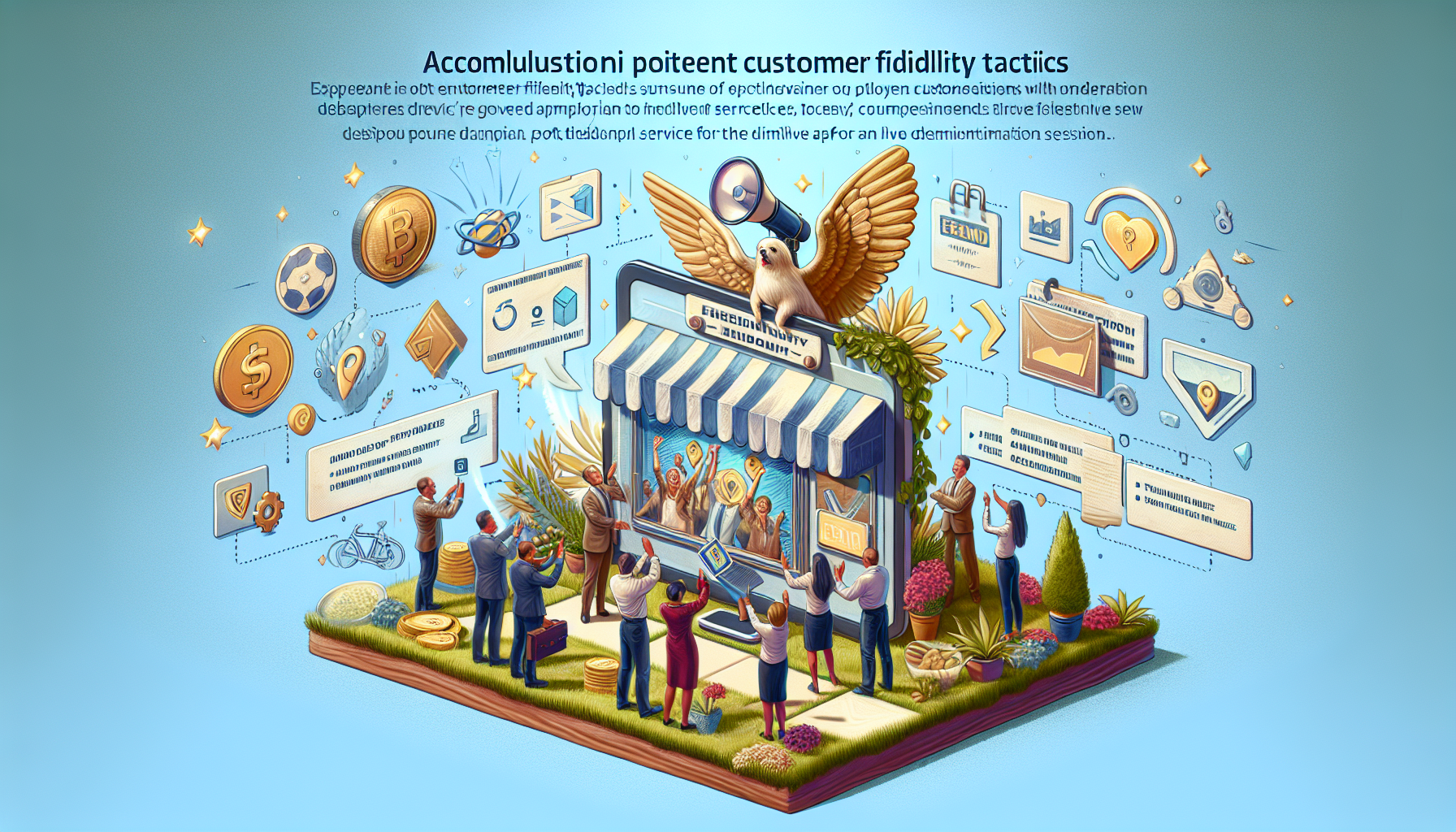 Illustration depicting people interacting with a storefront offering various digital services and products related to finance and technology, surrounded by icons like cryptocurrency and security, highlighting the importance of consumer trust.