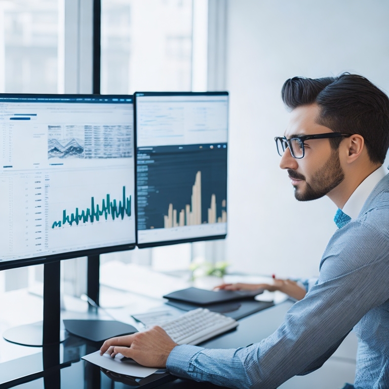 A man wearing glasses works at a desk with two large monitors displaying graphs and data charts related to the customer loyalty program in a modern office setting.