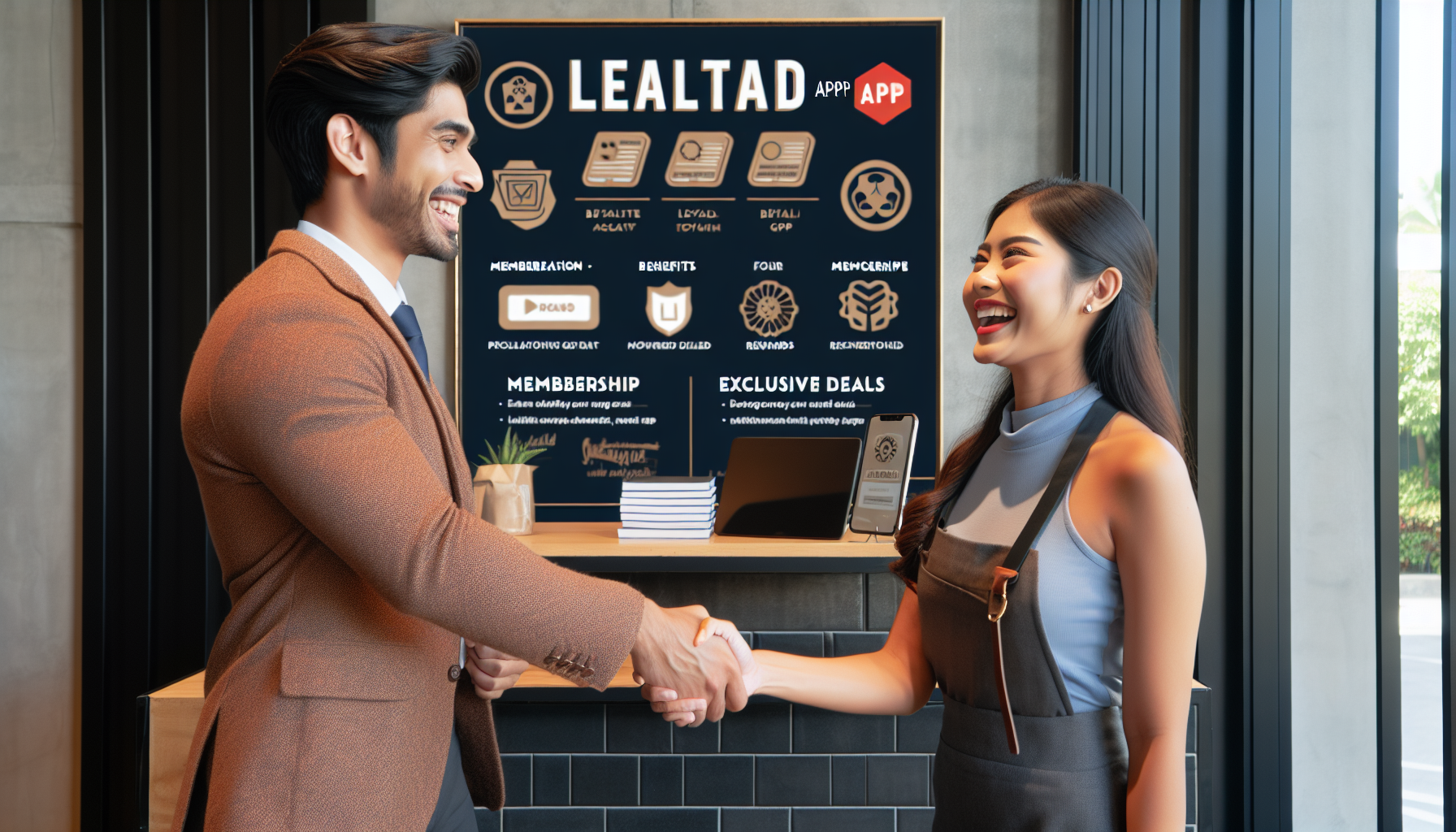 Two people shake hands at a reception desk with a "Lealtad App" promotional display in the background, detailing membership benefits, deals, and how it enhances customer experience through comprehensive customer loyalty metrics.