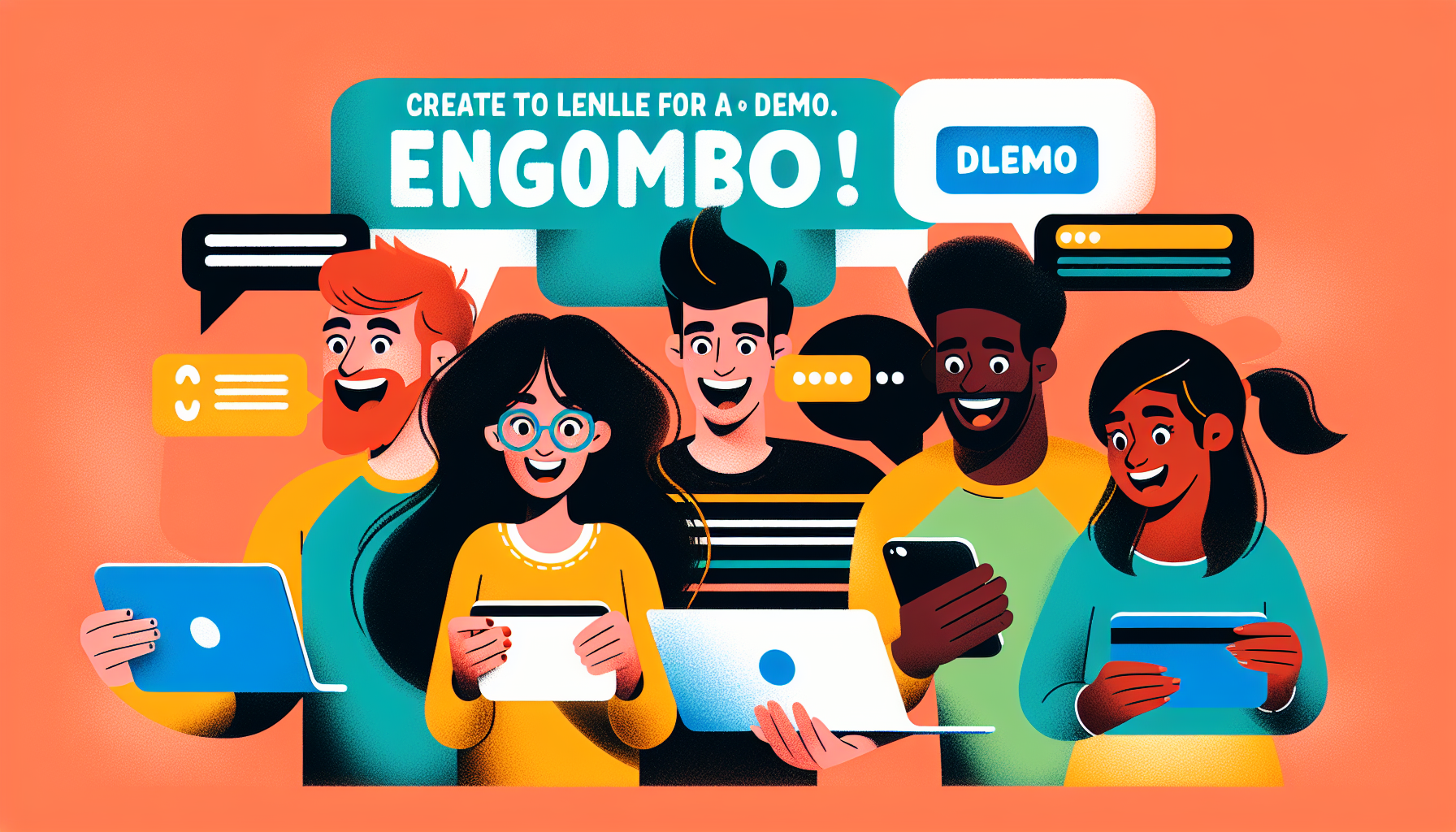 Illustration of five diverse people using different electronic devices, with speech bubbles. Text above them reads "Create to Lenlle for a demo. Engombo! Dlemo". Notice the seamless integration of electronic membership programs, enhancing their experience.