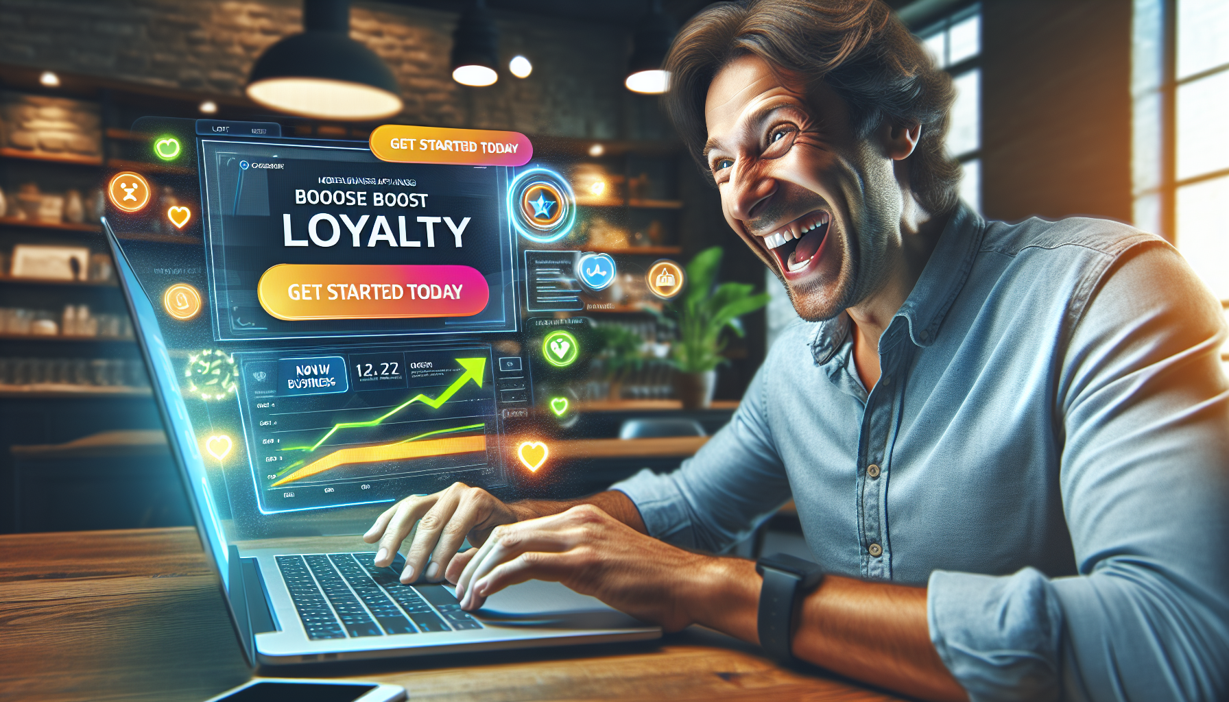 Person excitedly using a laptop with various digital icons and graphs displayed, promoting "Boost Loyalty" through Referral Incentives. Discover the benefits for your business with a "Get Started Today" call to action.