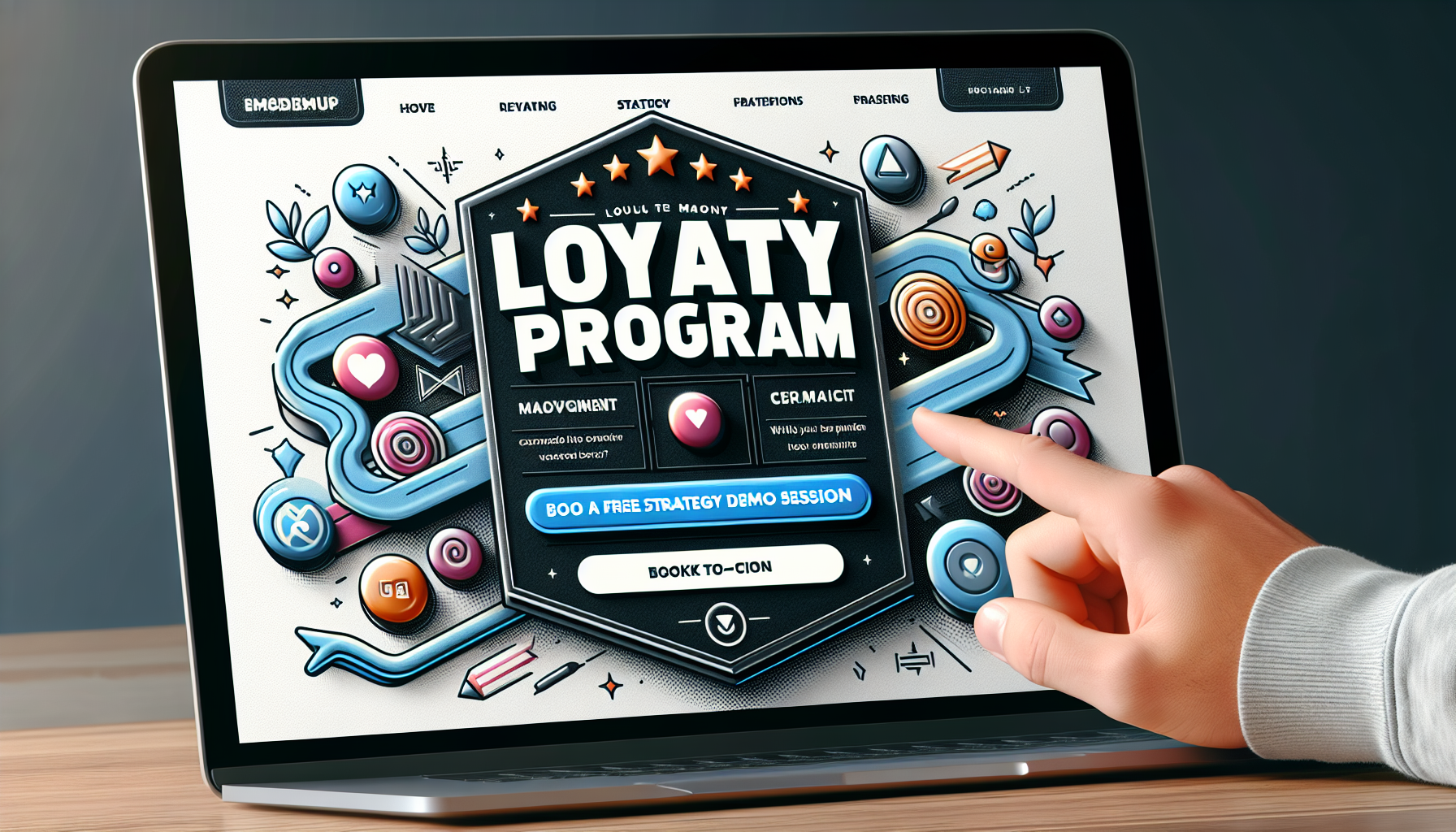 A person's hand points to a laptop screen displaying a loyalty program webpage with optimization options to book a demo session. The page features colorful graphics and various icons.