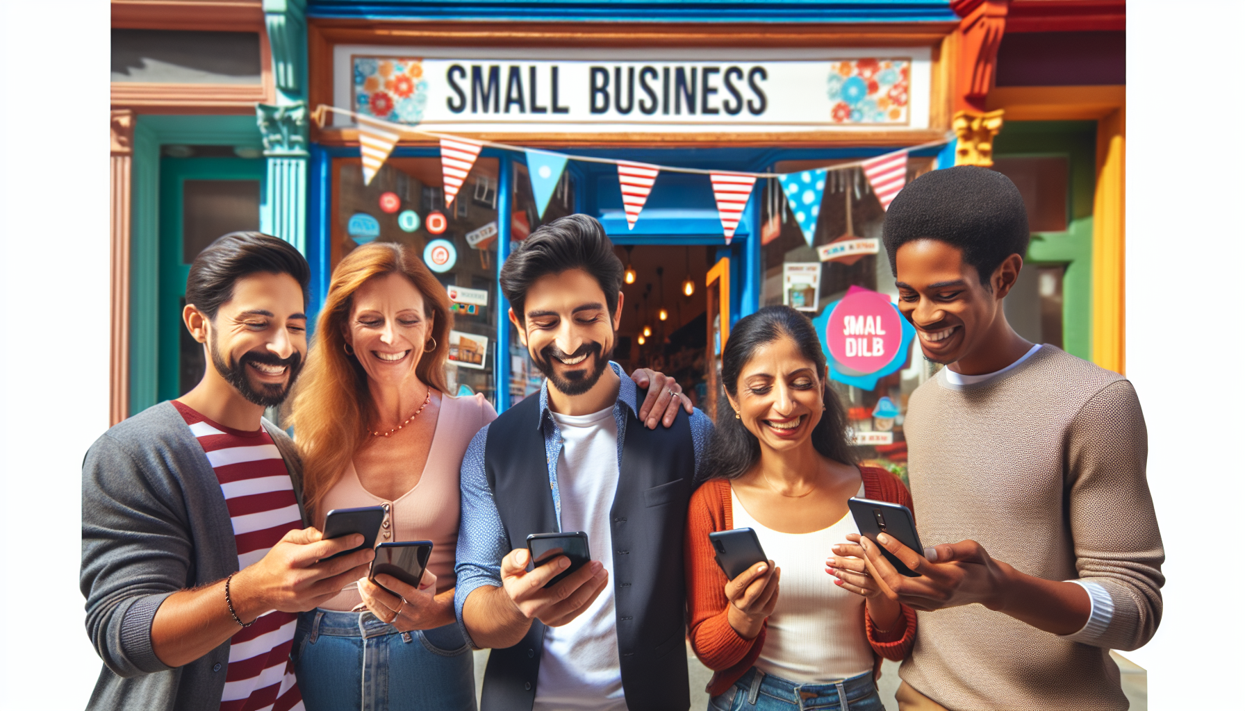 A diverse group of five people stands in front of a colorful small business storefront, smiling and looking at their smartphones, possibly exploring a cutting-edge customer engagement software.