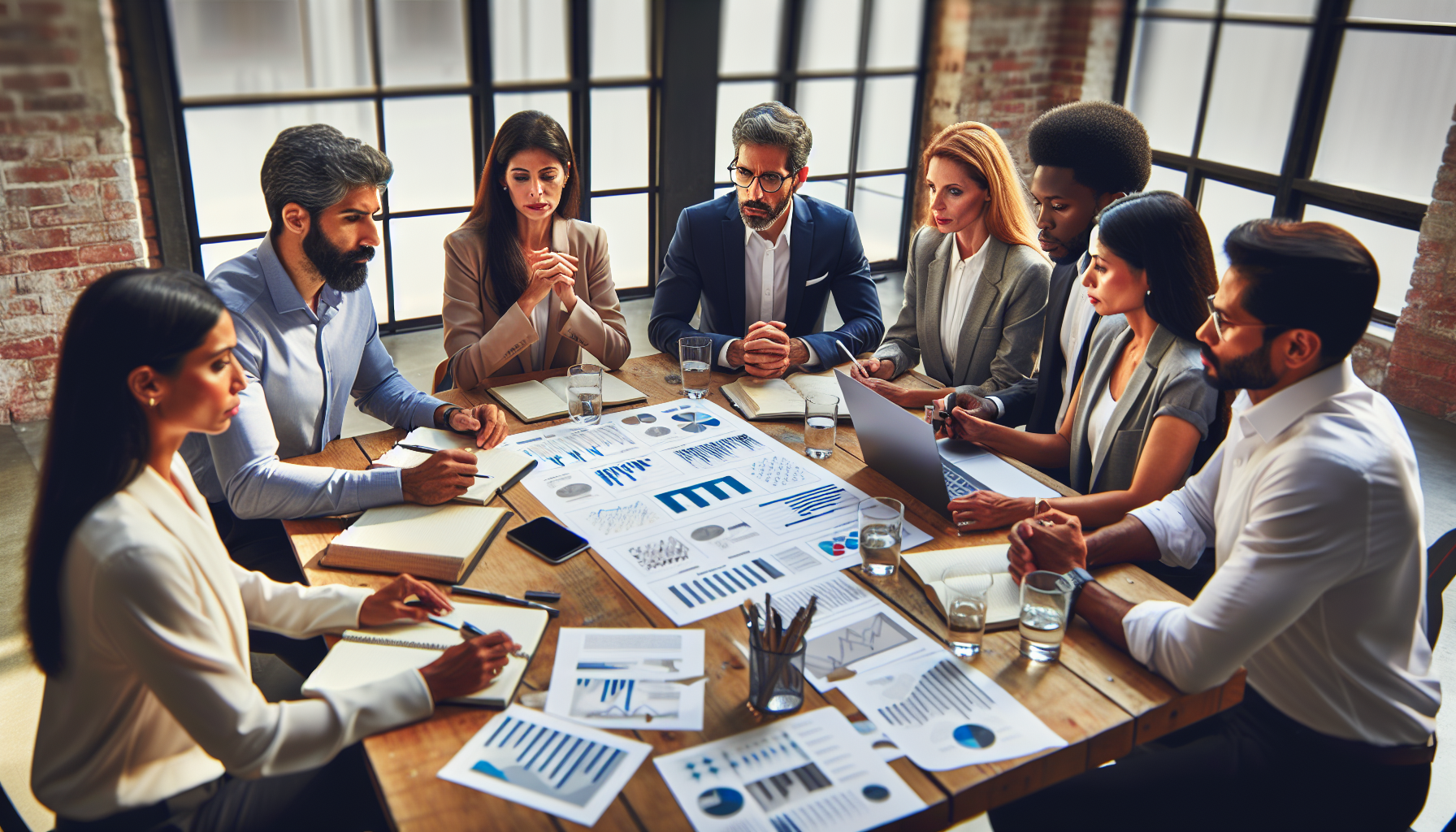 A group of eight diverse professionals in a meeting room, seated around a table with laptops, documents, and charts, engage in discussion about customer expectations.