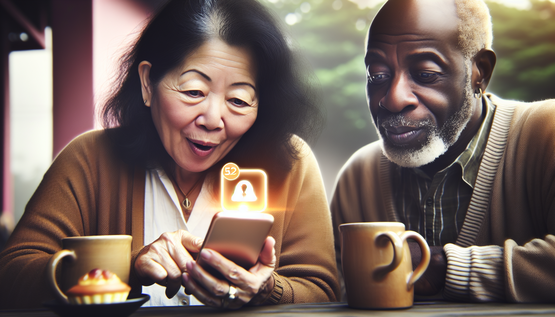 Two elderly individuals, seated at a table with coffee mugs, look at a smartphone showing notifications. The woman appears surprised and the man looks curious, possibly discovering the benefits of a digital loyalty platform for the first time.