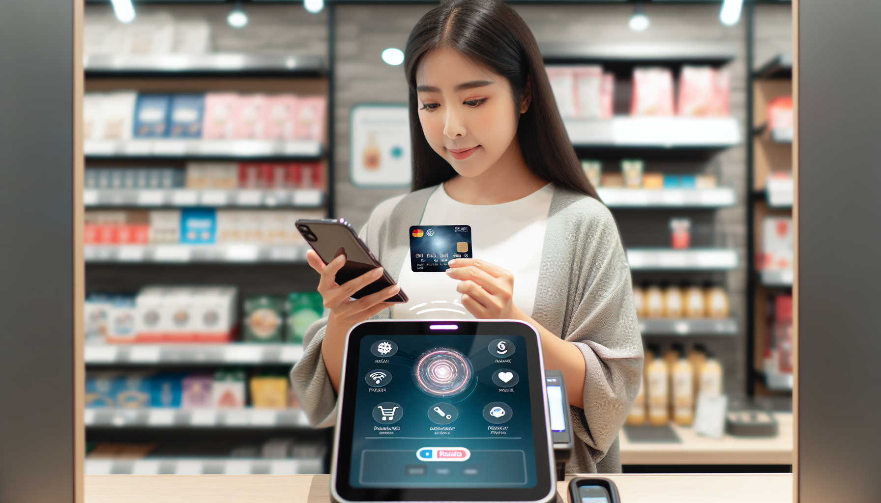 A woman uses her digital loyalty card and credit card at a self-checkout kiosk in a store, taking advantage of the Customer Rewards Program.