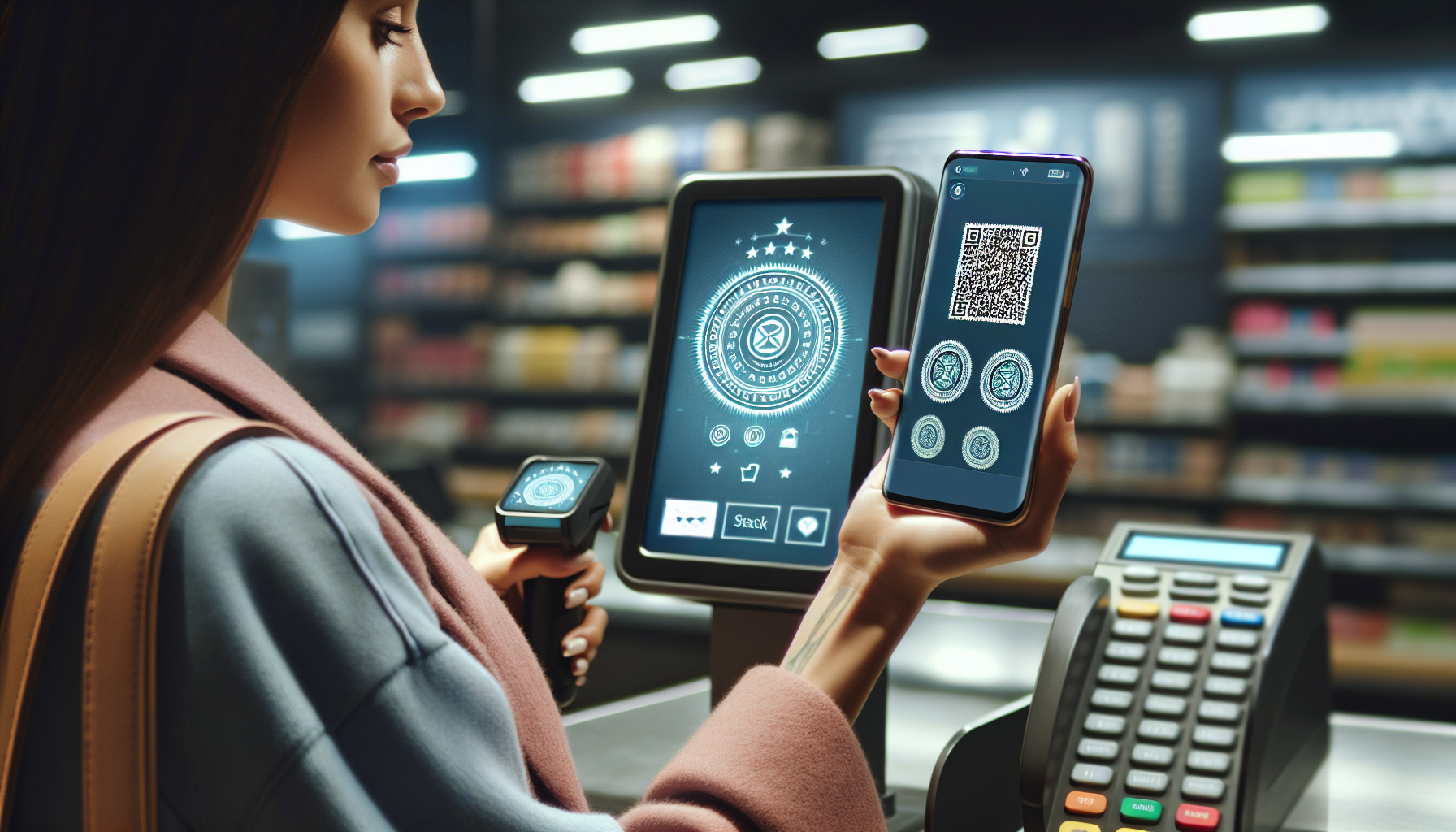 A person uses a smartphone QR code at a self-checkout kiosk in a retail store, optimizing the experience with a digital loyalty app that boosts small business growth through innovative loyalty solutions.