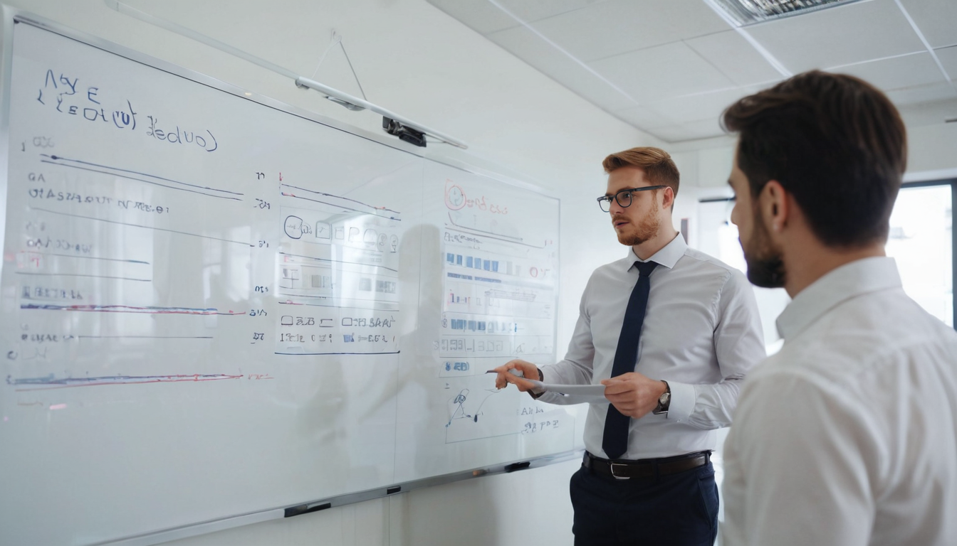 Two individuals in formal attire stand and discuss information on a whiteboard filled with diagrams and text in a modern office setting, reviewing tiered loyalty program examples to better understand the benefits of various loyalty tiers.