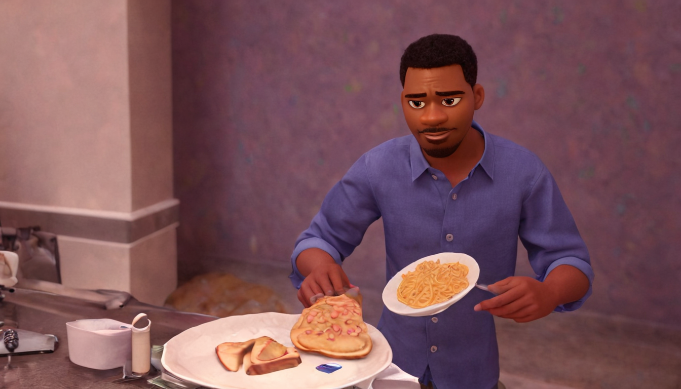 An animated man in a blue shirt is standing at a kitchen counter, holding a plate of plain spaghetti in one hand and placing it beside plates of pancakes and buttered toast, as if showcasing the delicious options available through the customer loyalty initiatives.