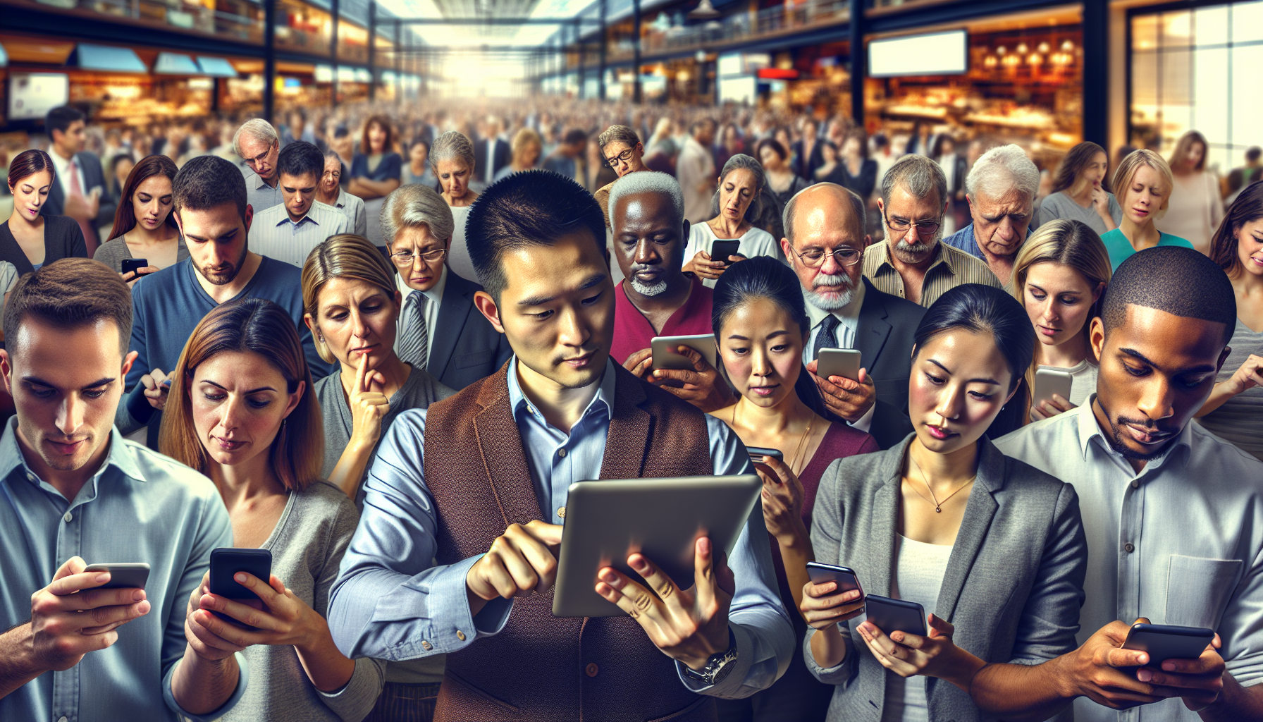 In a crowded space, a diverse group of people is engrossed in their electronic devices—smartphones and tablets—each navigating the latest digital loyalty app to enhance customer loyalty.