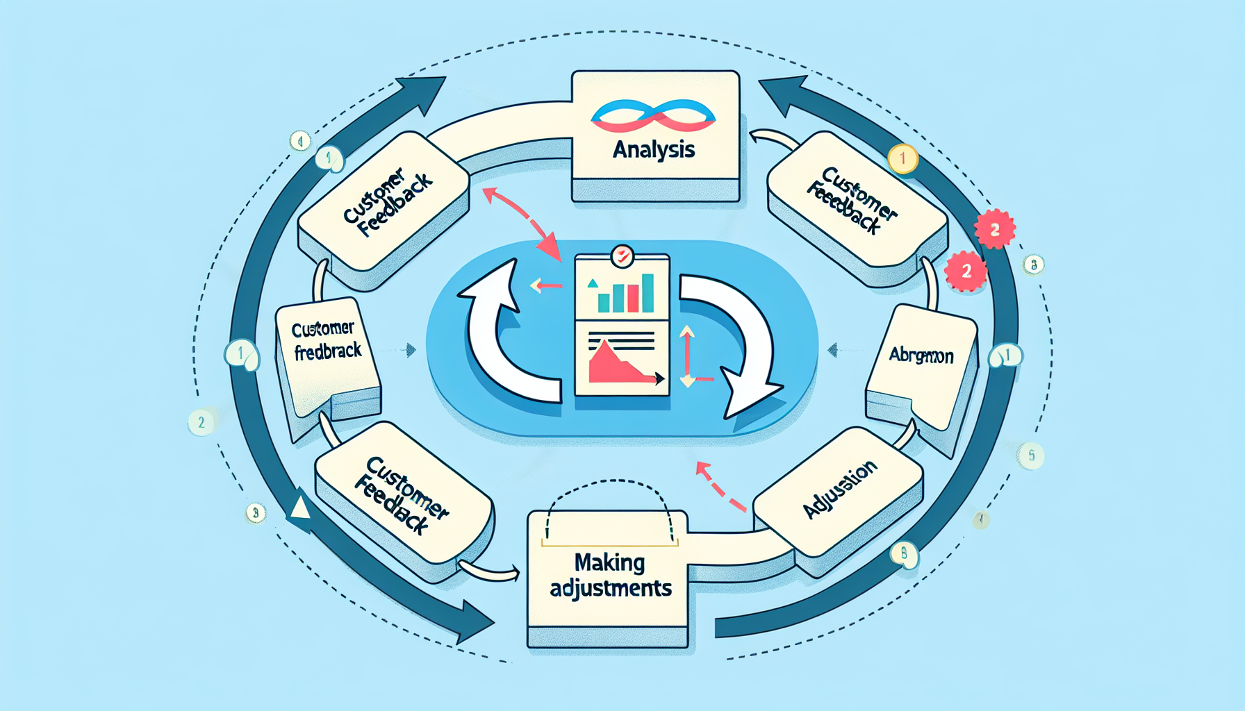 A flowchart illustrating a cyclical process that starts with customer feedback, followed by analysis, and making adjustments, which leads to further customer feedback. Key steps are highlighted with arrows to ensure optimization and continuous improvement.