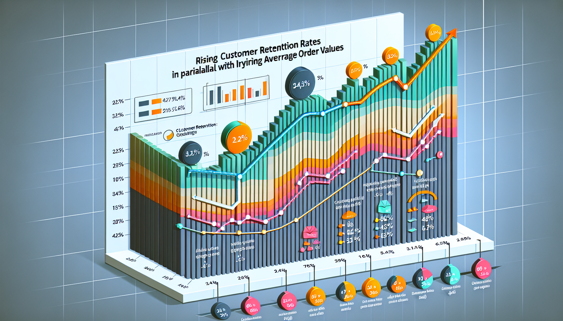 A 3D bar and line chart showing rising customer retention rates and higher average order values over time, with various data points and percentage increases highlighted, underscores the success of our loyalty rewards system.