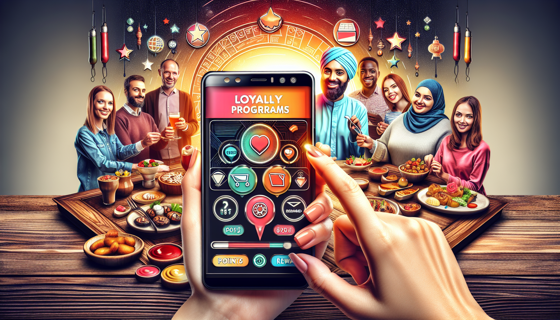 A hand holds a smartphone displaying a loyalty program app, with diverse people smiling around a table filled with various foods in the background, highlighting the satisfaction of repeat restaurant customers.