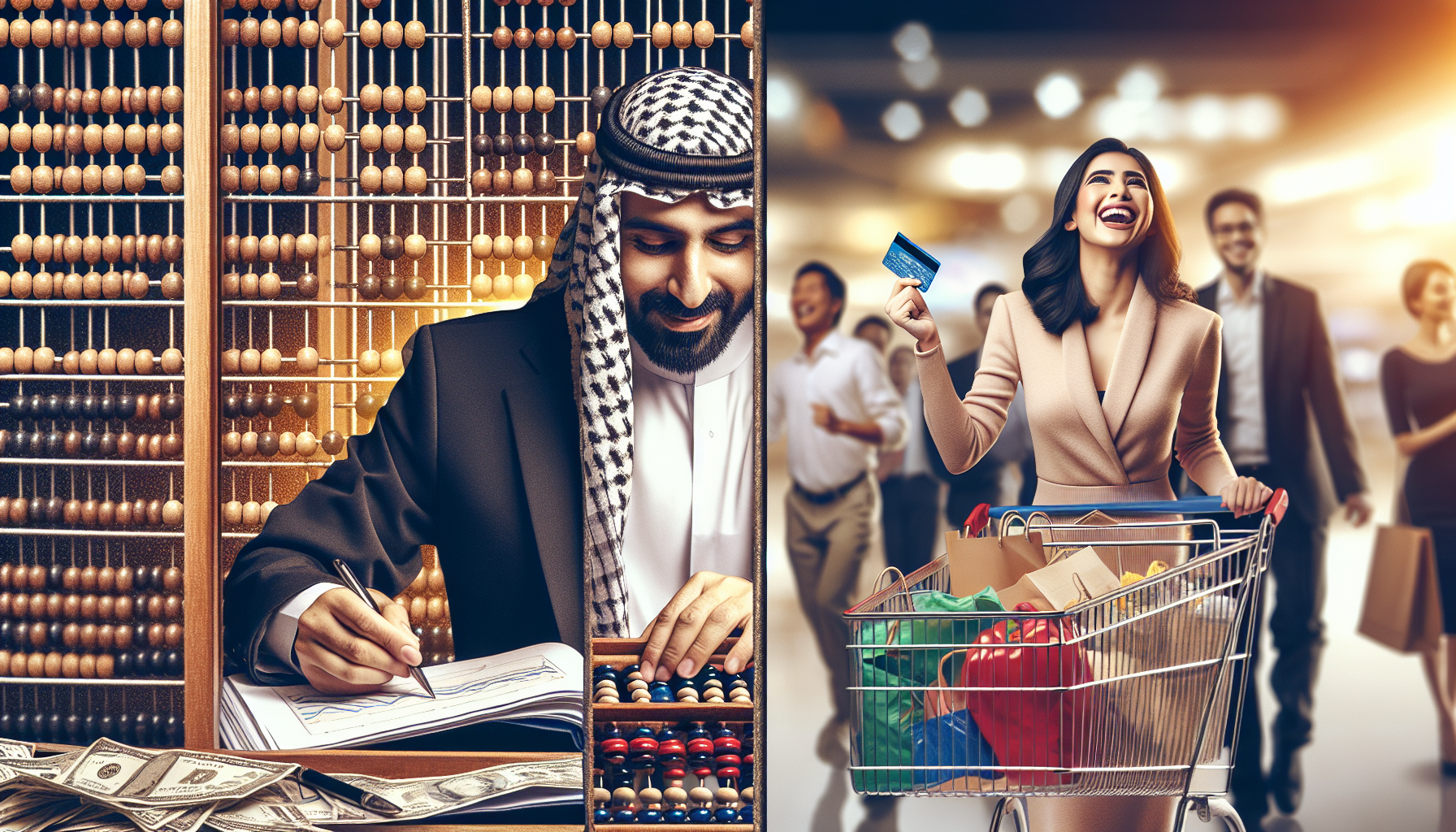 An image split into two: on the left, a man using an abacus and writing in a ledger; on the right, a woman pushing a shopping cart filled with items, smiling, and holding a credit card indicative of increased CLV.