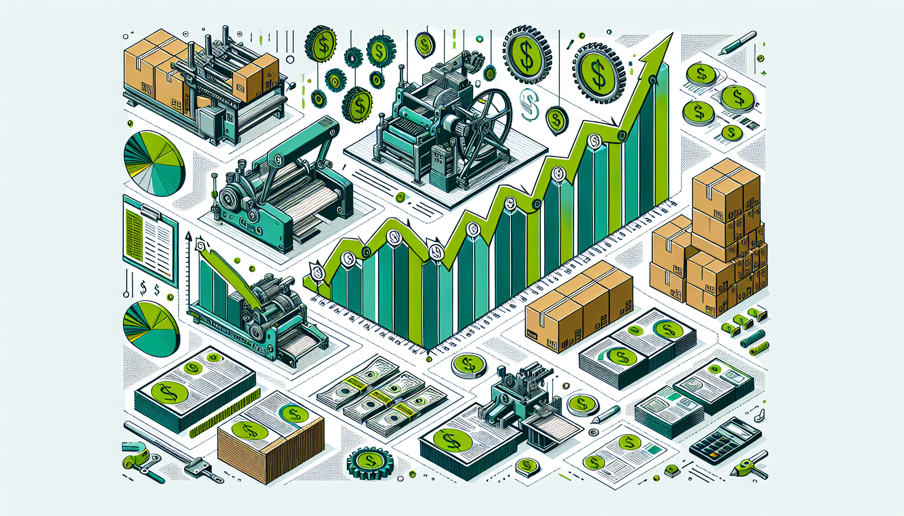 An infographic showcasing industrial machines, charts, money, and boxes, representing financial growth and production. Stacks of cash, dollar symbols, various graphs, and digital membership cards highlight how membership programs contribute to economic success.