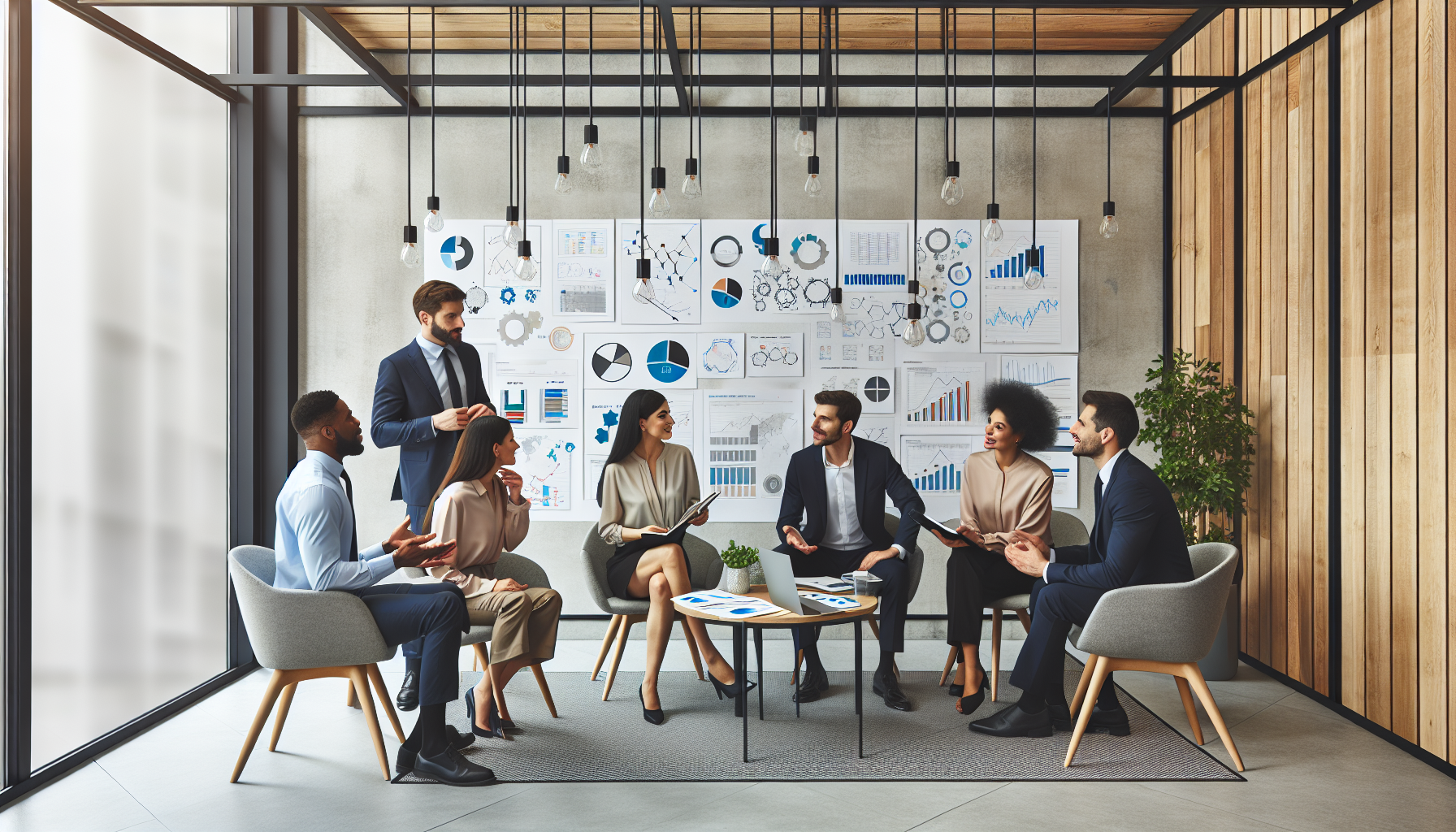 A diverse group of professionals is having a meeting in a modern office, discussing the implementation of a new customer loyalty program. Various charts and graphs displayed on the wall illustrate the potential impact and benefits of this innovative rewards program.