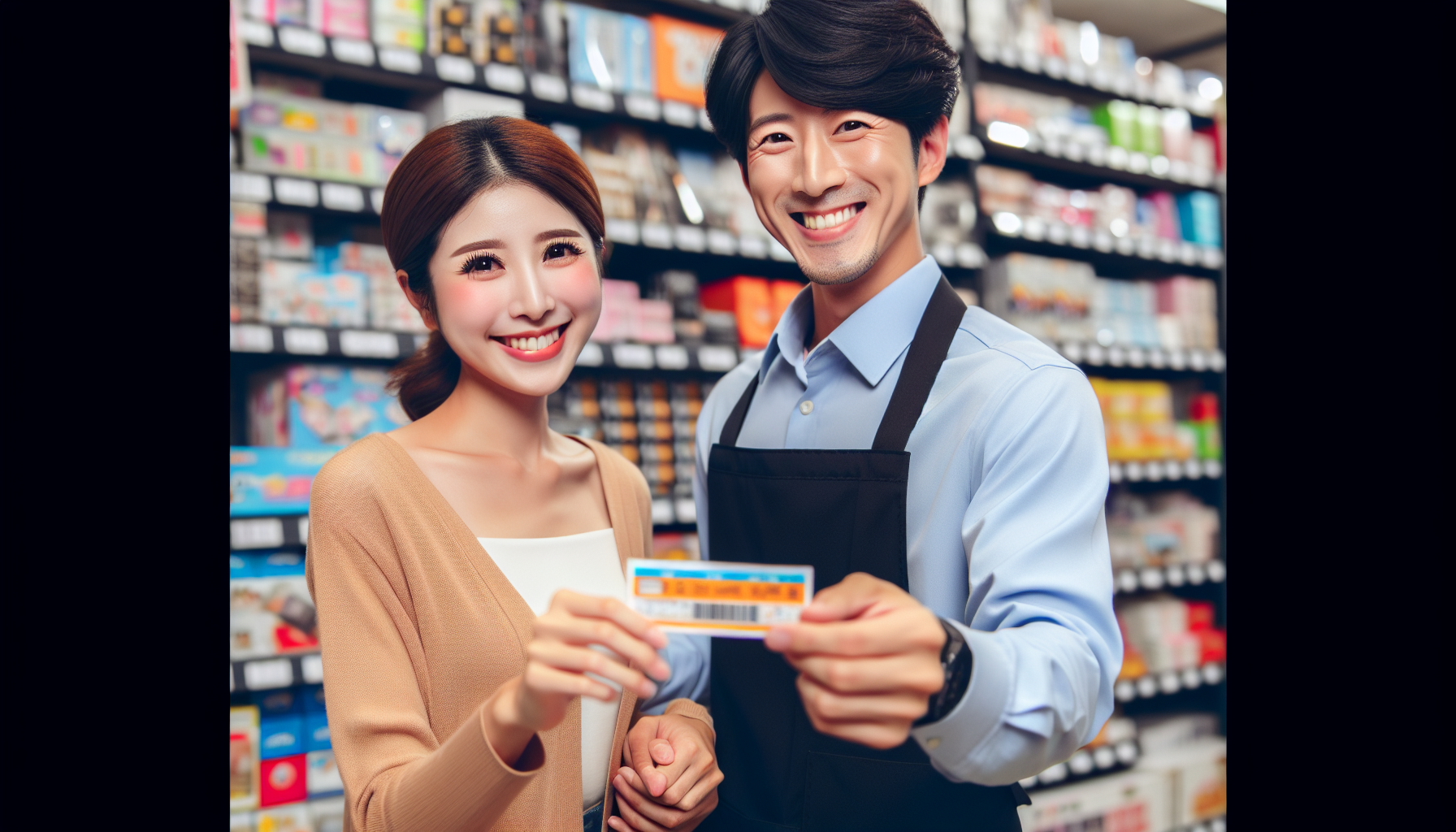 Two people standing in a store, smiling, and holding up a card together, showcasing their excitement for the Punch Loyalty customer rewards program. Shelves stocked with products are visible in the background.