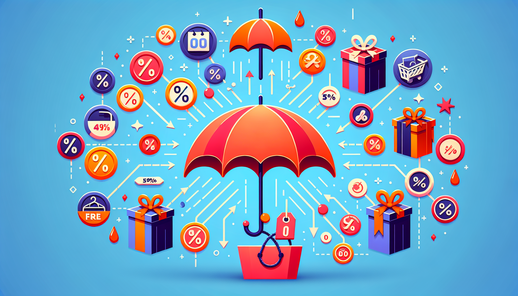 A red umbrella surrounded by various shopping icons, including percentage symbols, gift boxes, and shopping carts, representing exclusive rewards and discounts on a blue background.