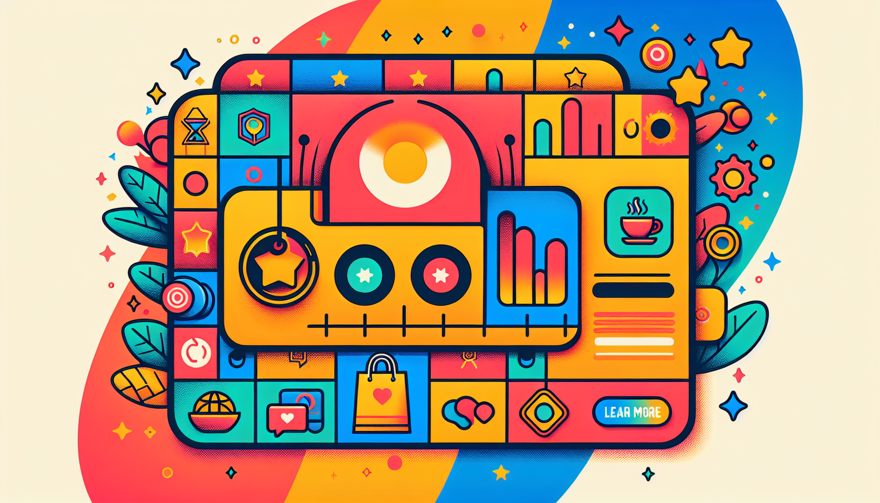 Colorful digital illustration featuring various icons like graphs, shopping bags, and cups. The design is divided into vibrant sections with a mix of geometric shapes and decorative elements, highlighting concepts related to rewards programs.