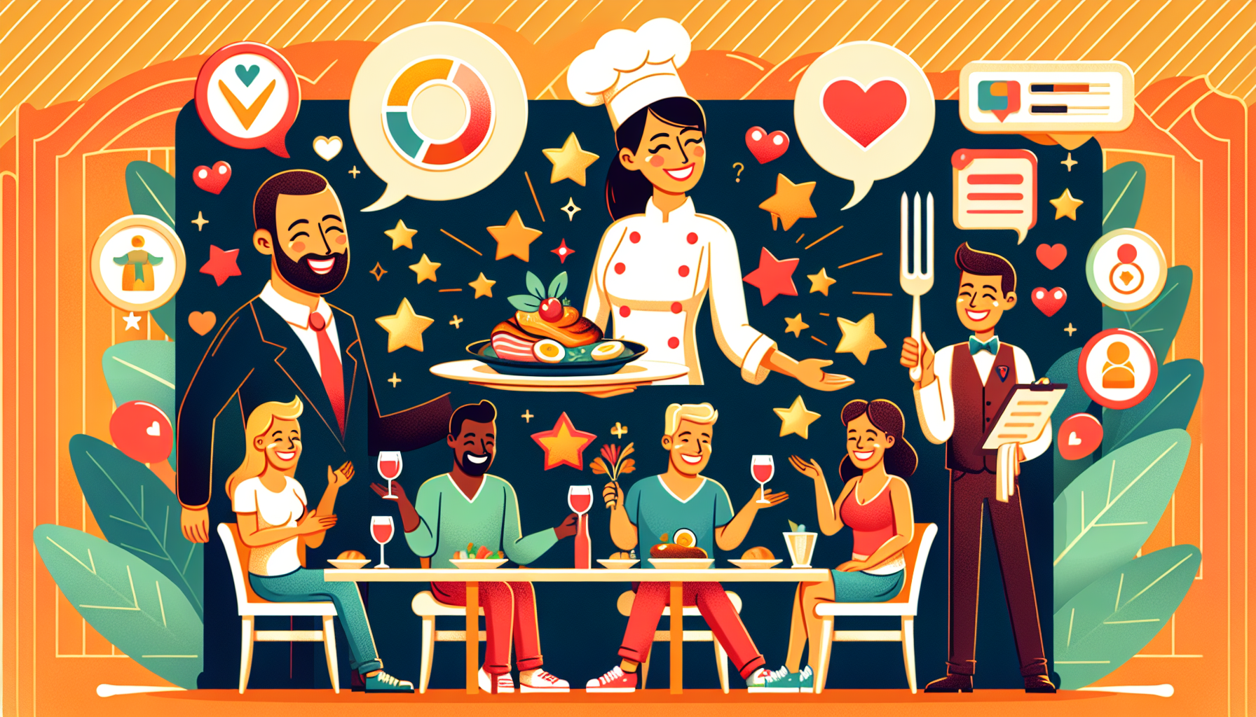 Illustration of a lively restaurant scene with a chef presenting a dish, a waiter with a menu, and happy customers dining and interacting under a starry background filled with various icons related to a restaurant loyalty program.