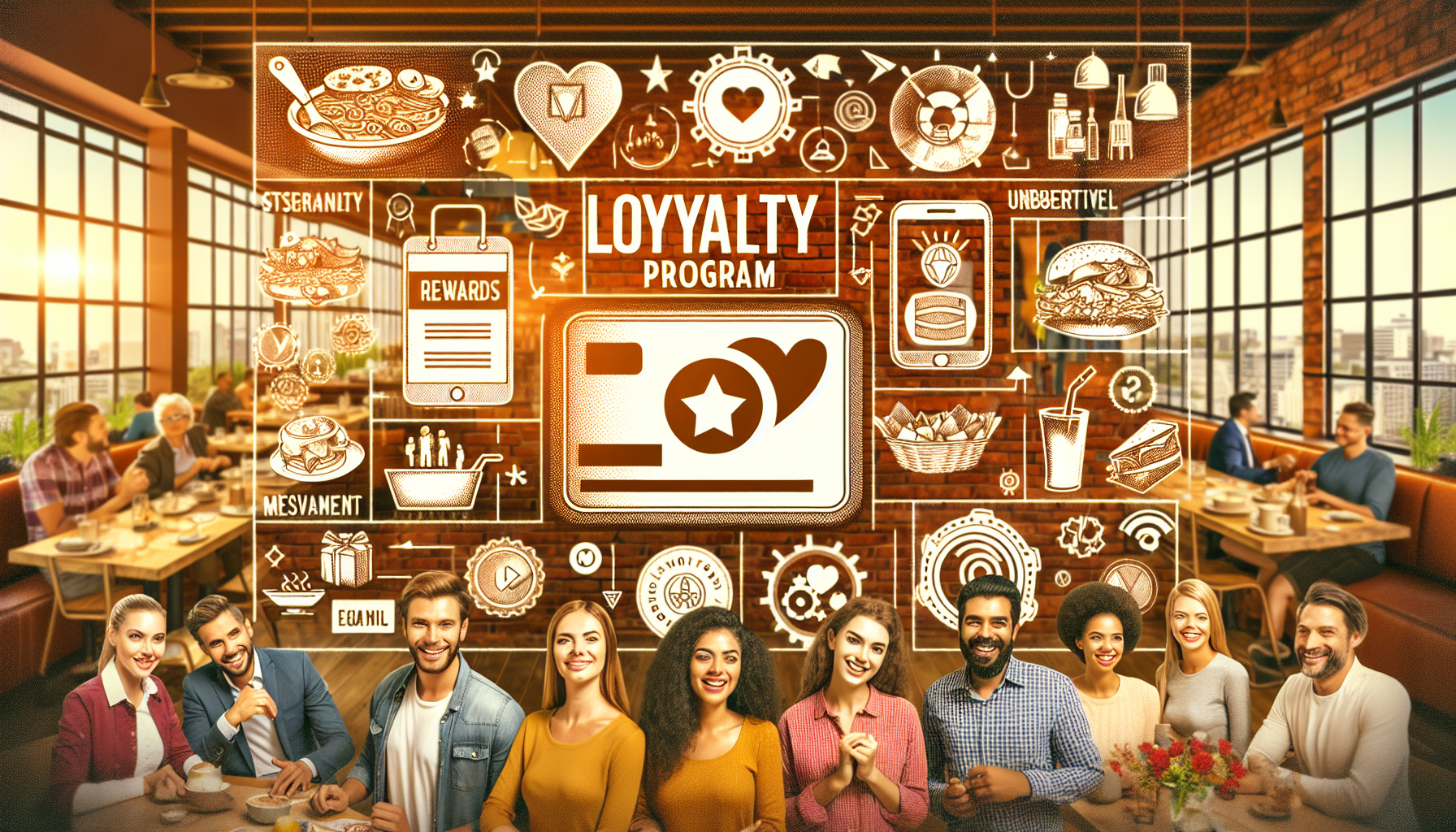 A diverse group of people smiles in a café with a large digital display showcasing a dining loyalty program, featuring icons for rewards, food, and drinks.