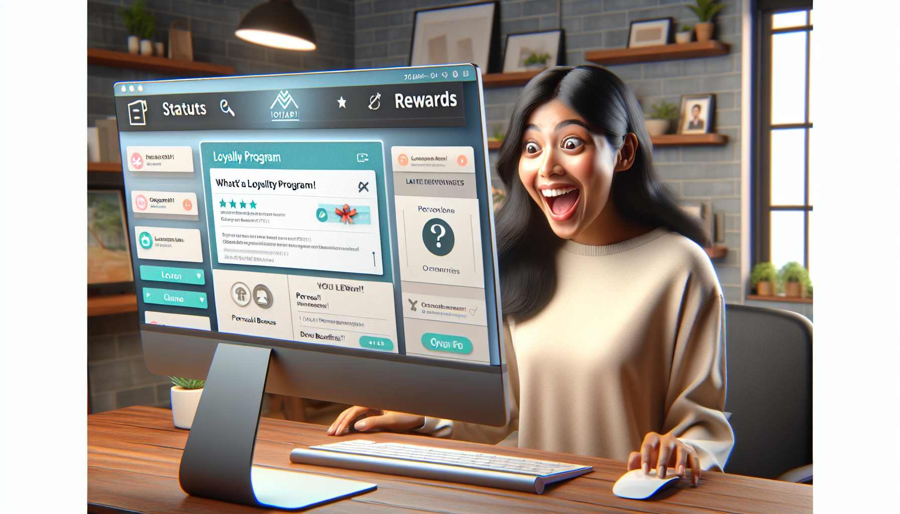 A woman excitedly looks at a computer screen displaying a tiered loyalty program dashboard with status and rewards. She is seated at a desk in a well-furnished room with shelves and decor in the background.