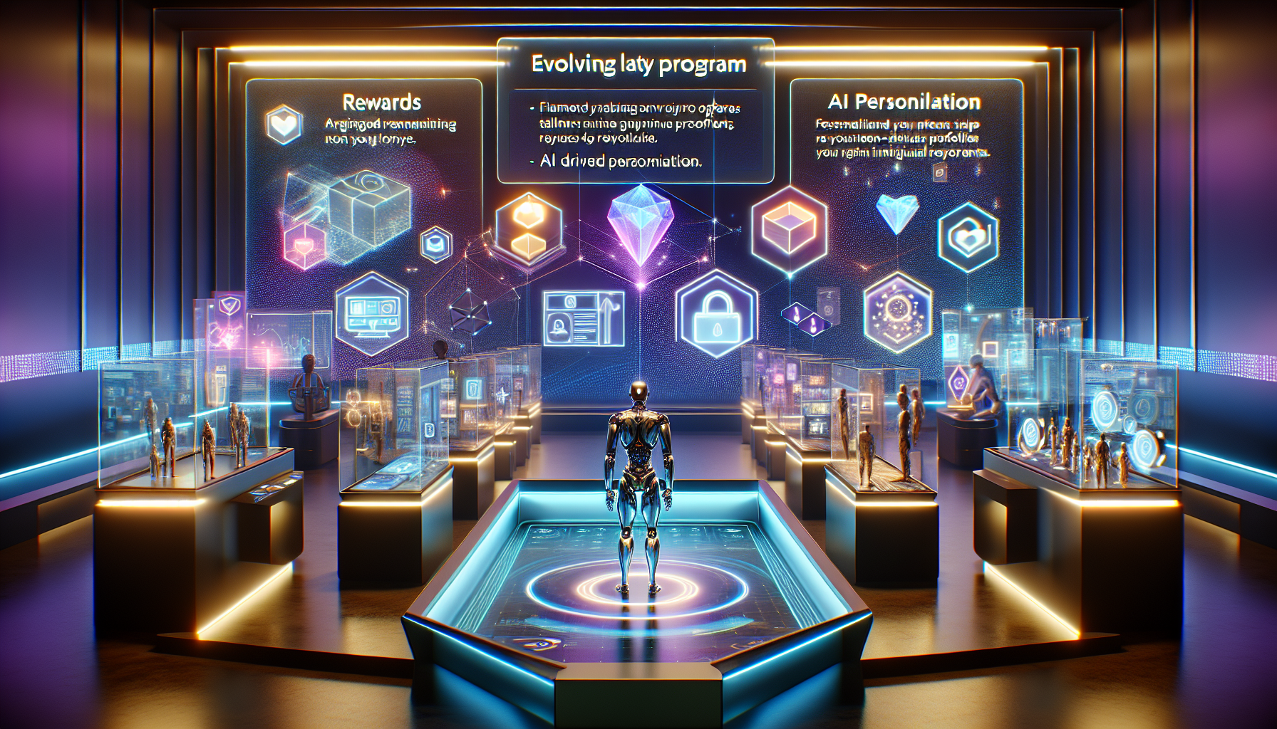 A robot stands in a futuristic exhibit hall featuring displays on AI personalization, rewards, and evolving AI programs. The room is illuminated with holographic screens and advanced technology, highlighting innovative business loyalty strategies for small business retention.