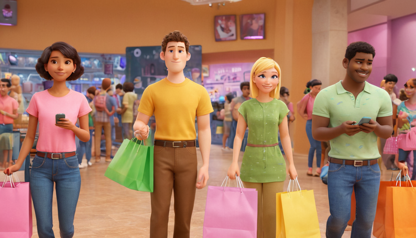 Four animated characters, two men and two women, walk through a mall carrying shopping bags. The scene subtly highlights customer retention strategies as the background shows other people and various stores bustling with activity.