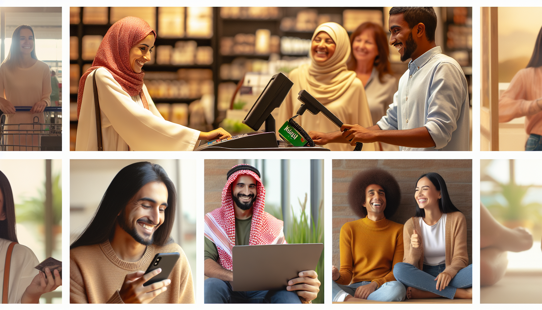 A collage of diverse people engaging in different activities, such as shopping at a store, using their phones, and laughing together in various settings, all enjoying the benefits of a customer rewards program.