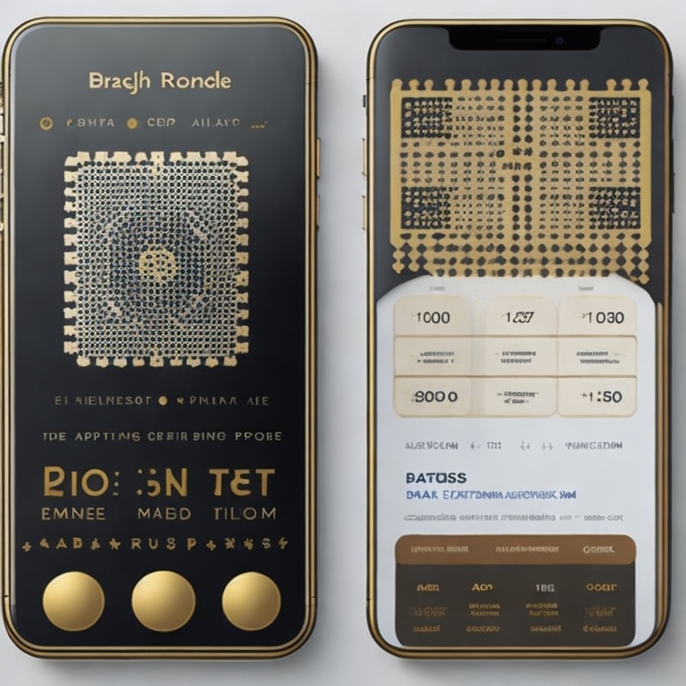 Two smartphones display intricate user interfaces with futuristic designs and gold accents. The left screen shows a patterned diagram with text, while the right screen showcases a detailed information dashboard featuring a digital punch card reward system for repeat purchase incentives.