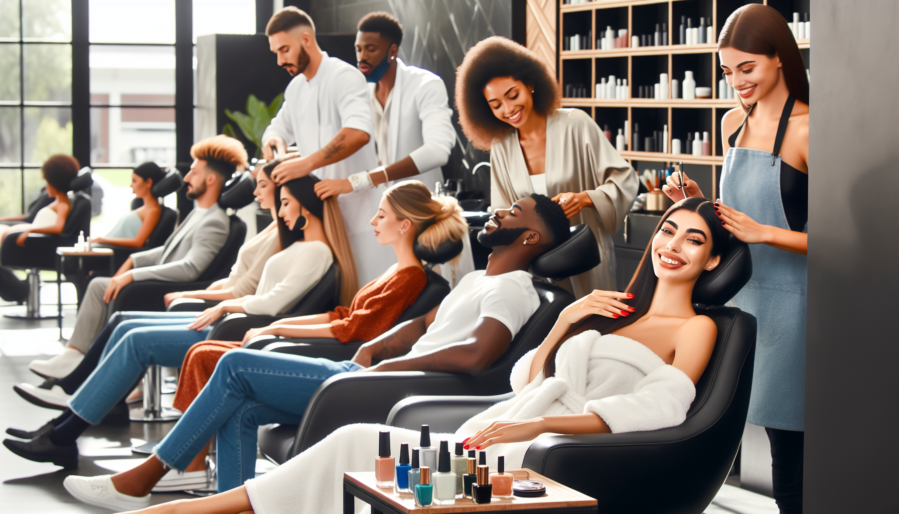 People enjoying haircuts and treatments in a bustling, modern salon, where stylists expertly work on their hair, reflecting the vibrant beauty industry. Clients appreciate the loyalty incentives that keep them engaged and coming back for more pampering experiences.