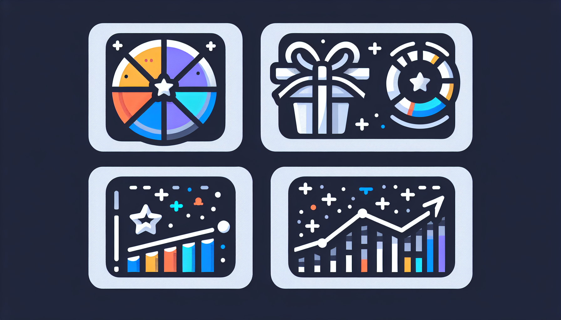 Four illustrated icons capture digital engagement concepts: a color wheel, a gift symbolizing customer retention, a rising line graph, and a bar chart with stars on a dark background.