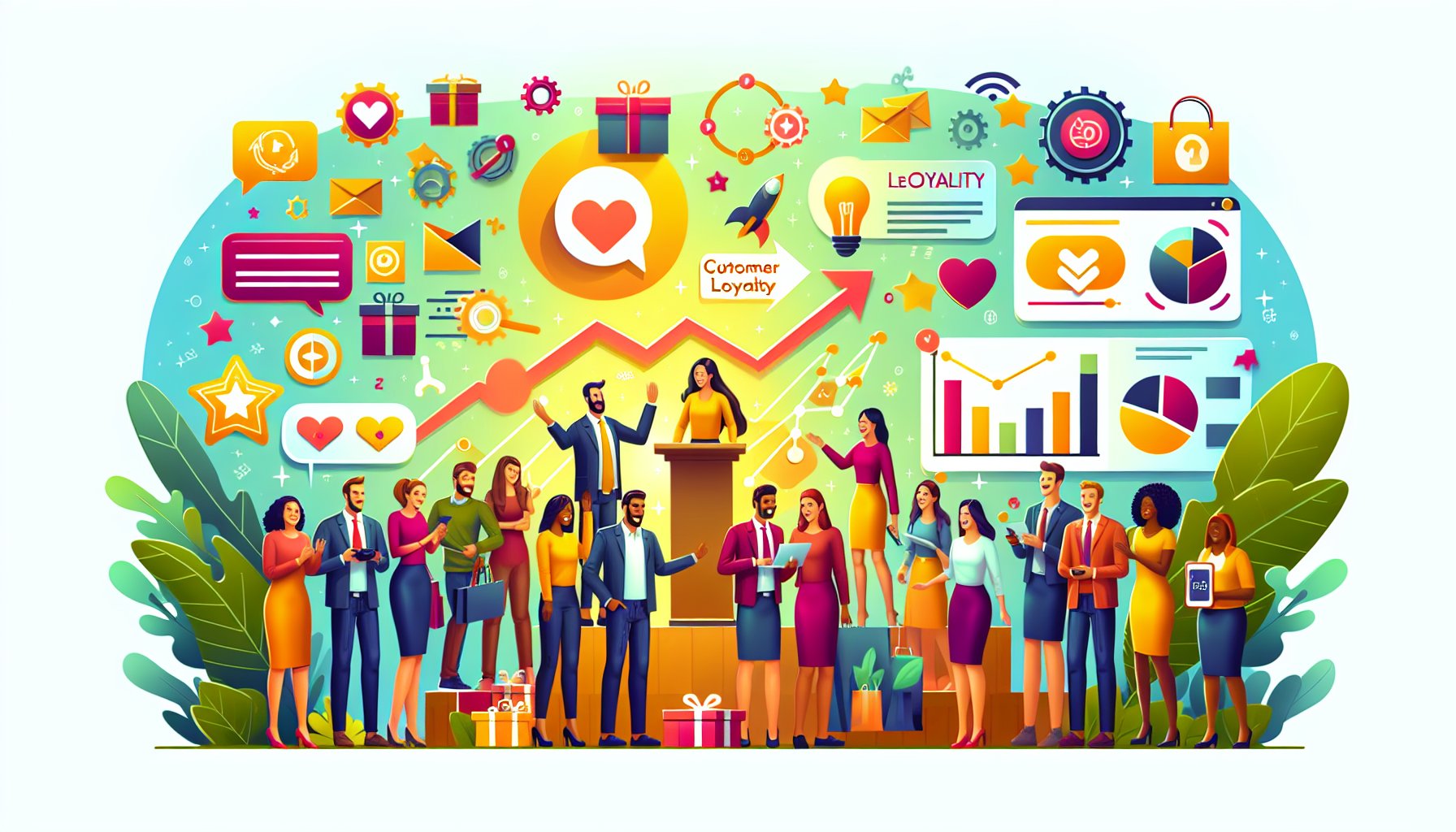 Illustrated scene of business professionals presenting and discussing customer loyalty, surrounded by various charts, icons, and symbols related to a digital loyalty points system and customer engagement metrics.