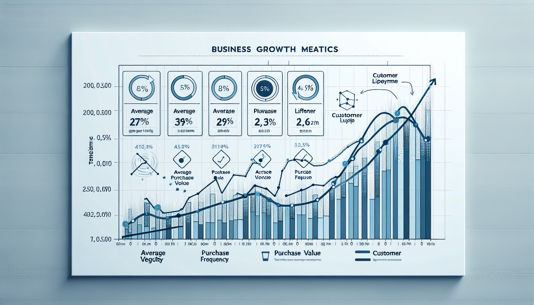 A detailed graph depicting various business growth metrics such as average purchase value, purchase frequency, and customer lifetime value over six years, showing upward trends and measuring brand loyalty.