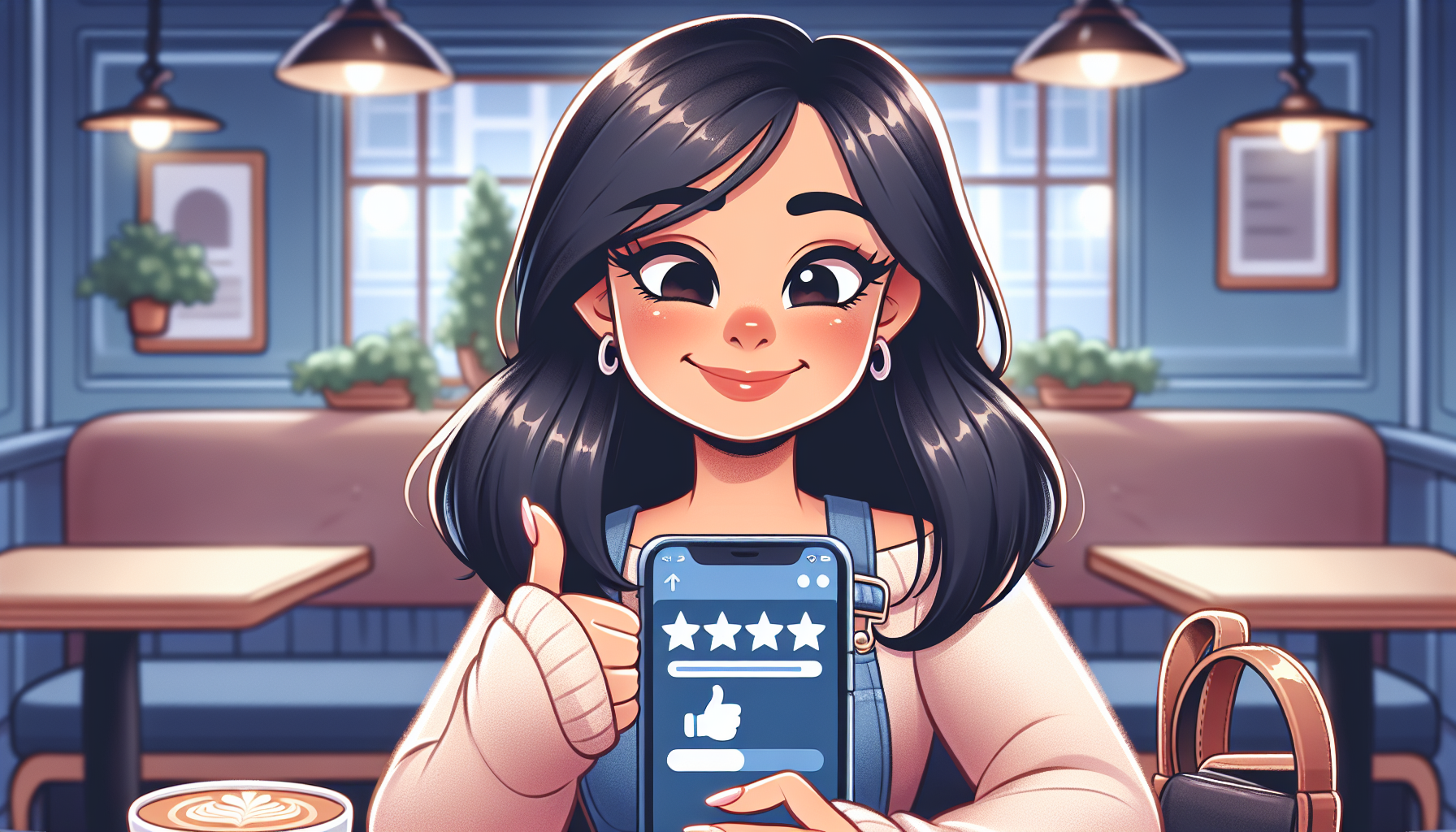 A woman with dark hair gives a thumbs up while showing a smartphone screen displaying a five-star rating. She sits in a cozy café with a latte on the table, taking full advantage of the restaurant's dining rewards system. The background is pleasantly blurred, creating an intimate ambiance.